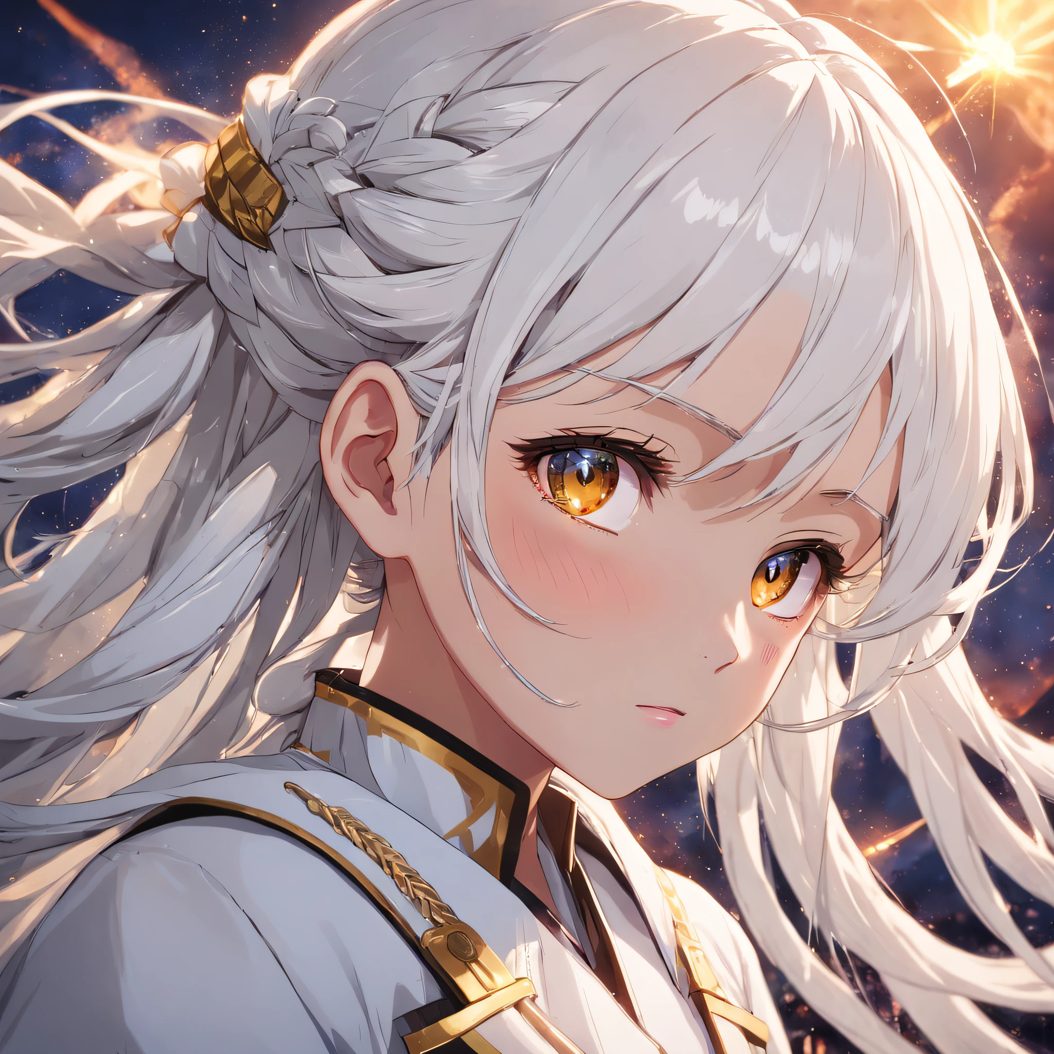 best quality, masterpiece,white hair, gold eyes,white clothes, looking up, upper body,hair strand,Fair skin,side braids