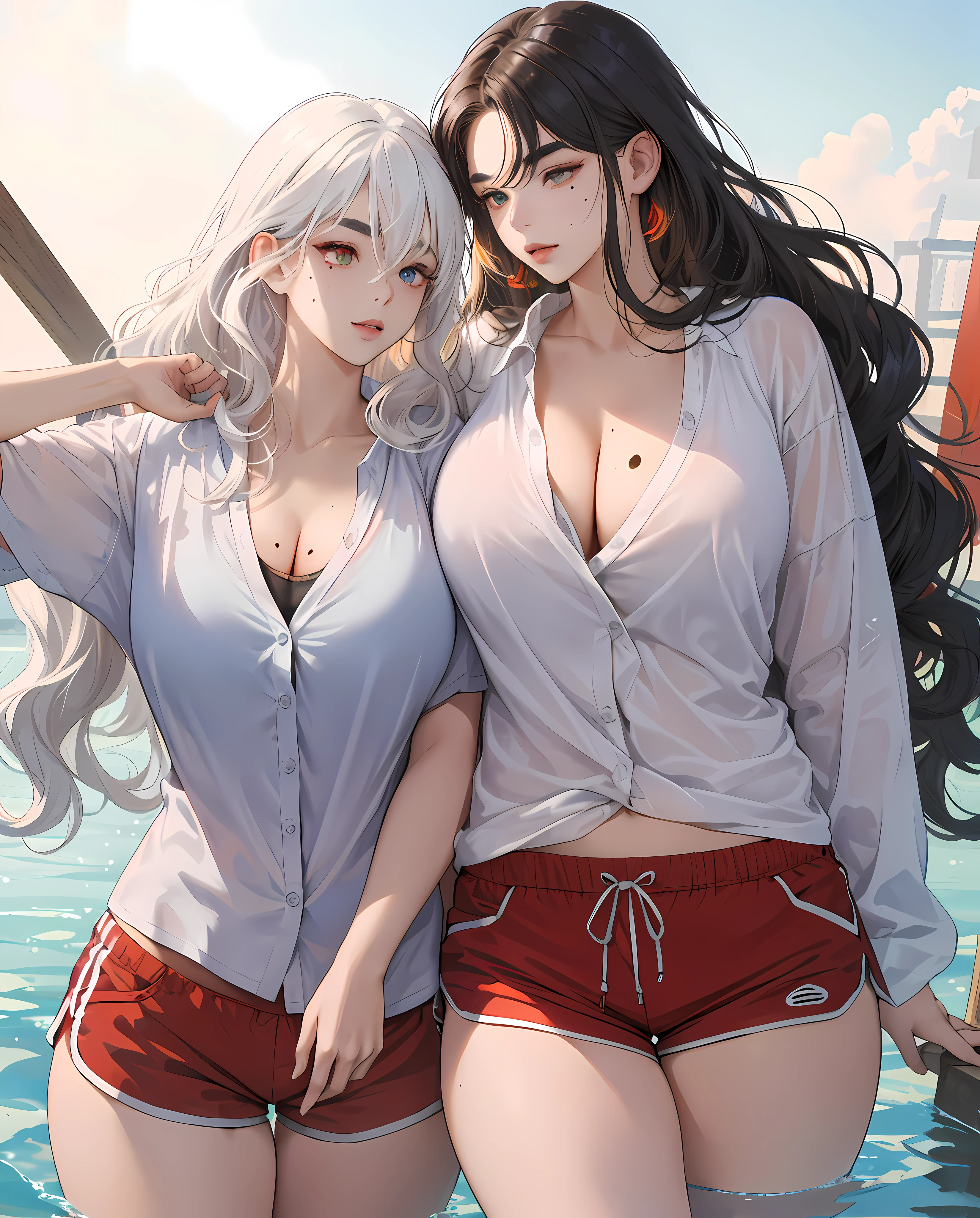 (Masterpiece, realistic, high resolution), (2 girl): 1.2), Korean, ((white wavy hair): 1.3), (heterochromic eyes: 1.1, thick eyebrows, small moles under the eyes), (loose white shirt, red sports shorts), ((huge breasts): 1.2, thighs), on water, cleavage,