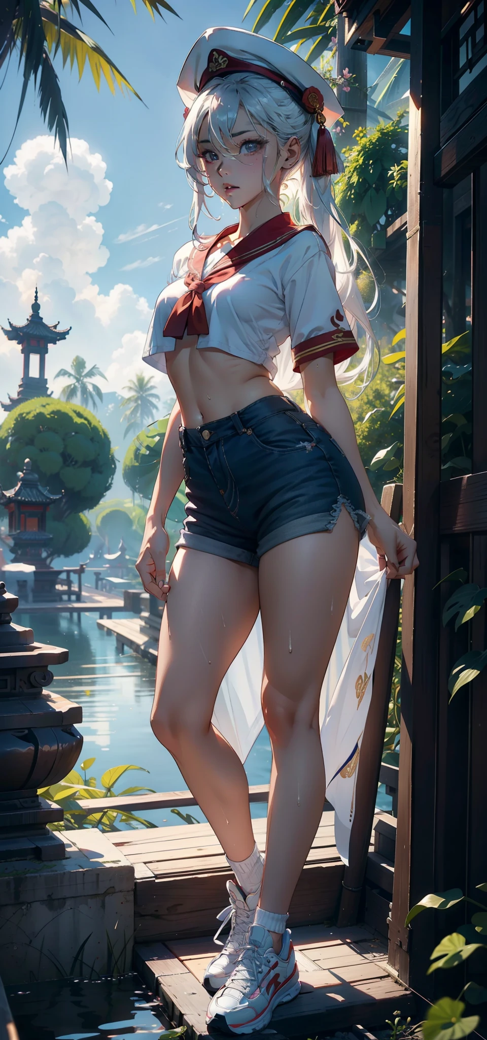 1female,3 years old,bit girl,Small loli,smallunderboob,Pornographic exposure, 独奏,(Background with:bamboo forrest,lotuses,lotus flower,exteriors,Lotus pond) She has short silver-white hair,standing on your feet,Sweat profusely,drenched all over the body,seen from the front, hair straight, mostly cloudy sky,(((tmasterpiece),(Very detailed CG unity 8K wallpaper),best qualtiy,cinmatic lighting,detailed back ground,beatiful detailed eyes,Bright pupils,Black eyes,(Very fine and beautiful),(Beautiful and detailed eye description),ultra - detailed,tmasterpiece,)),facing at camera,A high resolution,ultra - detailed),revealing breasts,Bare genitalia, Bulge,legs are open,Raised sexy,Camel toes,Flushed complexion,Open-mouthed,frontage,high school senior,Sailor's cap(Wearing:Chinese Ancient Times,Sailor uniform,Slave girl collar,Sexy denim shorts,athletic sneakers)Full body photo,Show shoes