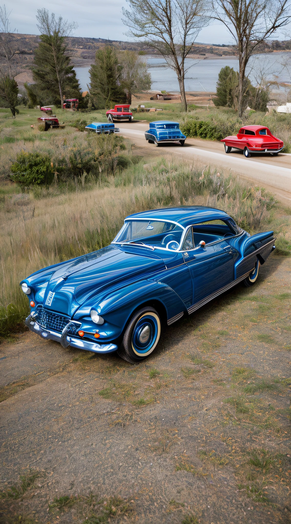 Hay un coche azul aparcado al costado de la carretera, 1964, 1 9 6 4, 1969, 1 9 6 9, 1962, 1 9 6 2, Ds, con un portaequipajes, 1 9 6 6, 1966, 1 9 6 3, 1963, 1959