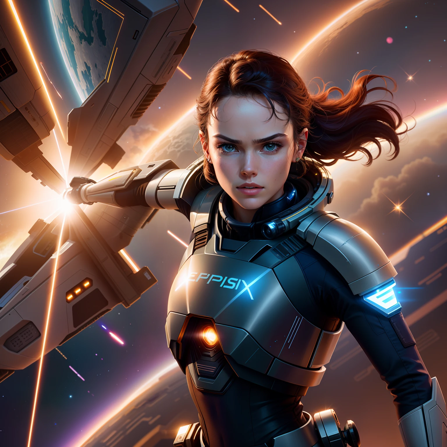 a close up of epic Sci fi hot Daisy Ridley in a sci fi white tech suit clothes cabelos longos brancos,Detailed clothing details,Liquid effect, space, heavenly body,Interstellar battlefield 8k realistic