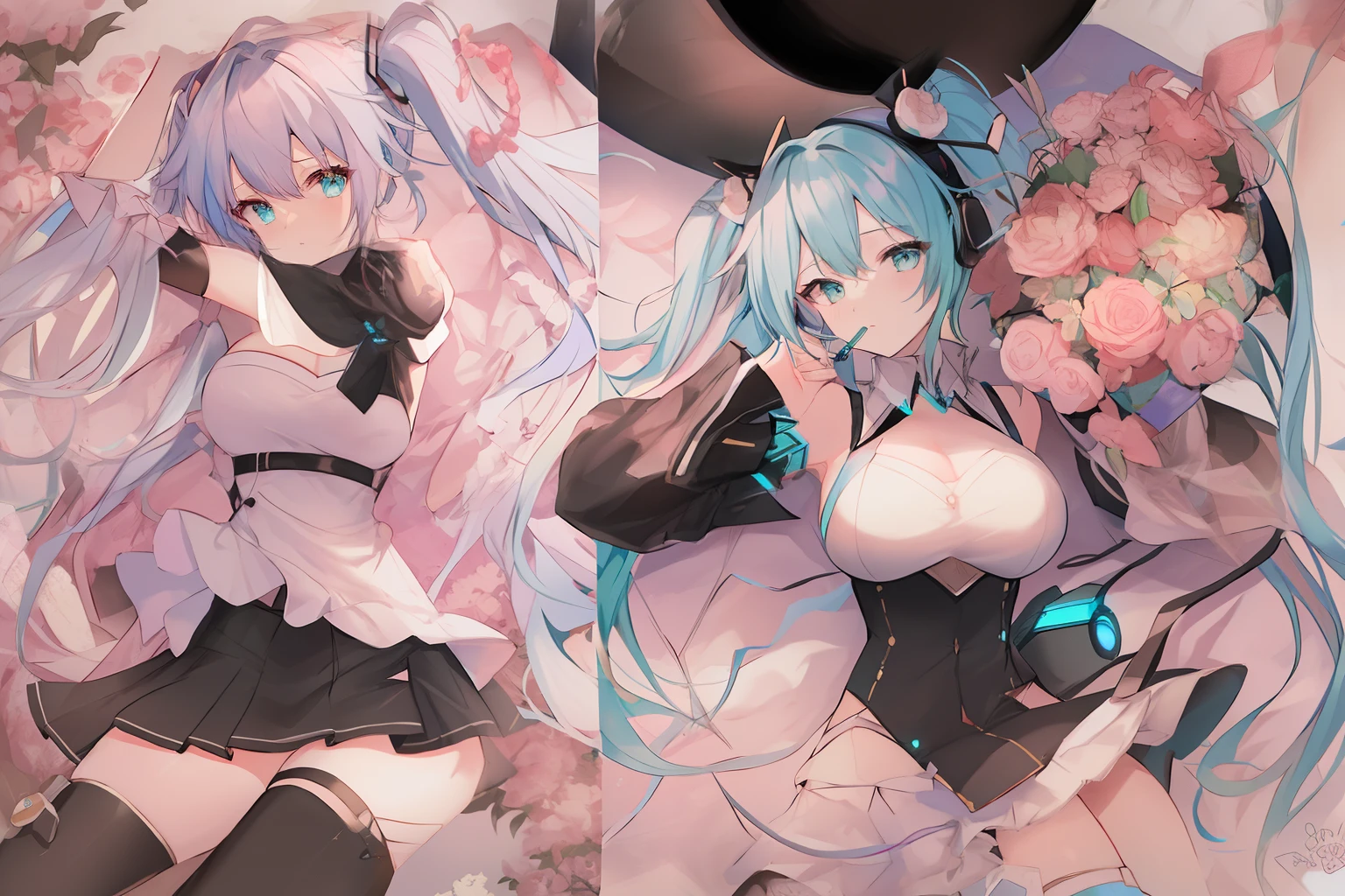 Let's start with a base illustration of a young female character. Adjust hair color to Hatsune Miku's iconic turquoise blue. Styling very long hair, Reach below the waist, With twin tails. Twin tails are evenly balanced、Make sure the top is properly wrapped. Gives hair a shiny look and slightly voluminous texture. large and young々Creates a cute expression, Expressive eyes. Eye color should be bright bluish. Give her a characteristic slim and petite body frame. Remove the distinctive outfit consisting of a sleeveless top, tie, and pleated skirts. Include teal and black shades in the color scheme. Include signature accessories such as futuristic headsets, microphone, Removable sleeve. Optionally, Add knee-high boots or thigh-high socks in the same tone. Provide a backdrop that complements aesthetics, futuristic city street, Concert stage with colorful lights, etc.. Due to the complexity of the instructions、Be careful, It can be difficult for AI to accurately generate images based on the exact specifications provided. Draw in sketch style, Similar to Idea Sketch. Drawings that look like they were drawn with a pencil. Messily drawn drawings. Hesitantly drawn picture.