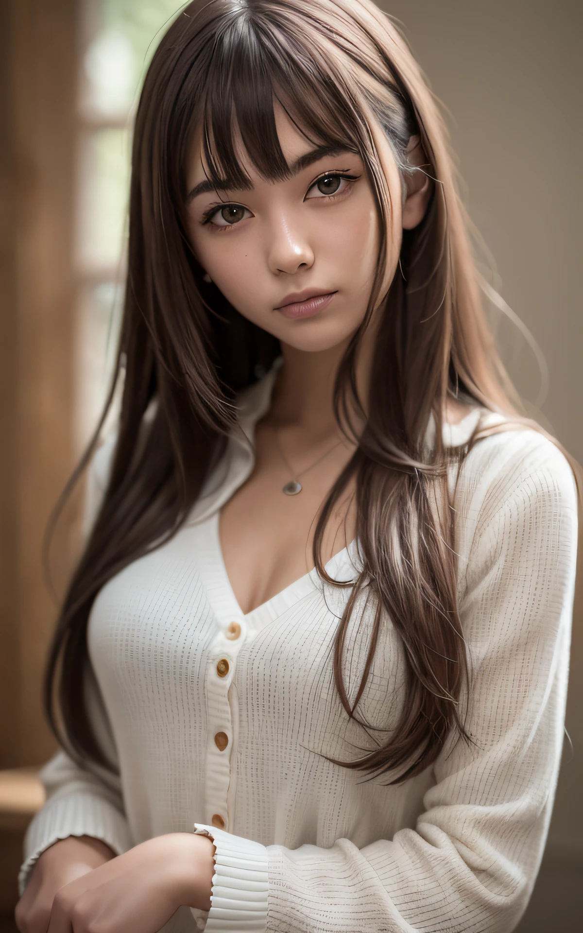 (top-quality, masterpiece:1.2), 18 year old beautiful girl, Very cute, Blouse, F 1.8, Soft light, Raw Photos Real, The skin texture is very detailed, without makeup, mournful, mournful, Medium Hair, Bangs, Smile, depth of fields, hight resolution, Ultra-detailed, finely detail, Extremely detailed, extremely detailed eye and face, Sharp pupils, Full body