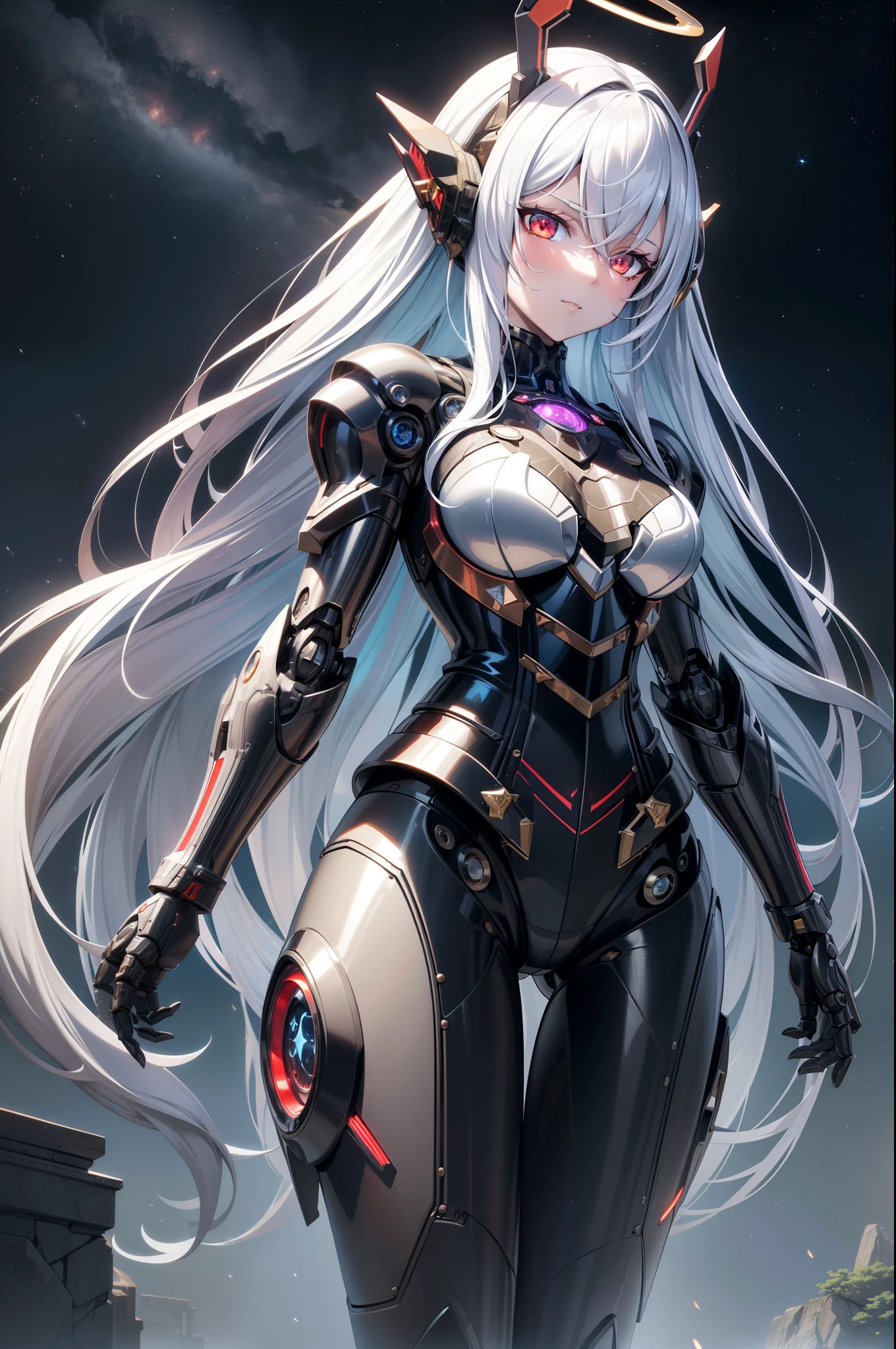 masterpiece,best quality,ultra-detailed,very detailed illustrations,extremely detailed,intricate details,highres,super complex details,extremely detailed 8k cg wallpaper,cowboy shot, caustics,reflection,ray tracing,demontheme,nebula,dark aura,cyber effect, (1girl:1.4),solo,alone,mecha musume,mechanical parts, robot joints,single mechanical arm, headgear, mechanical halo,star halo,intricate mechanical bodysuit, mecha corset, full armor, very long hair,white hair, hair between eyes, multicolored hair, colored inner hair, red eyes,glowing eye,eye trail, random expressions,random action, ancient japanese architecture,pond, starry sky,skyline,