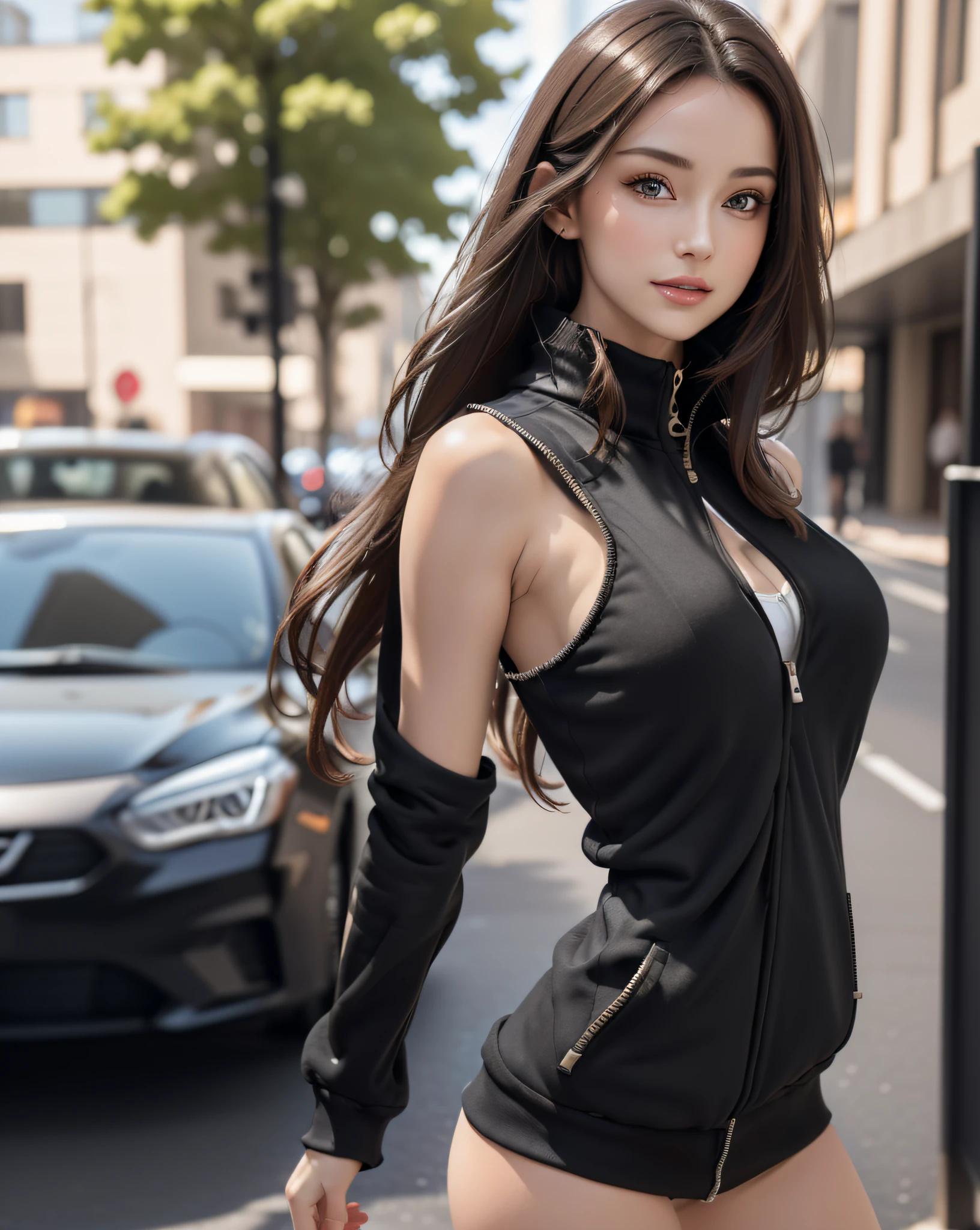 (1girl:1.3, solo), (Masterpiece, best quality, photorealistic, highres, photography, :1.3), ultra-detailed, sharp focus, professional photo, commercial photo, (upper body:1.3), BREAK, 1 brunette girl, solo, European girl, hot model, highly detailed eyes and pupils, realistic skin, attractive body, medium-large breast:1.25, cleavage, extremely detailed hair, delicate sexy face, sensual gaze, shiny lips, BREAK, ((wearing a black zip tank tops sweatshirt:1.3)), (outdoor, London street, blurry background, simple background), (standing, fashion model posing, arms down, arms behind back), ((realistic, super realistic, realism, realistic detail)), perfect anatomy, perfect proportion, bokeh, depth of field, hyper sharp image, (attractive emotion, seductive smile, :d, ;p),
