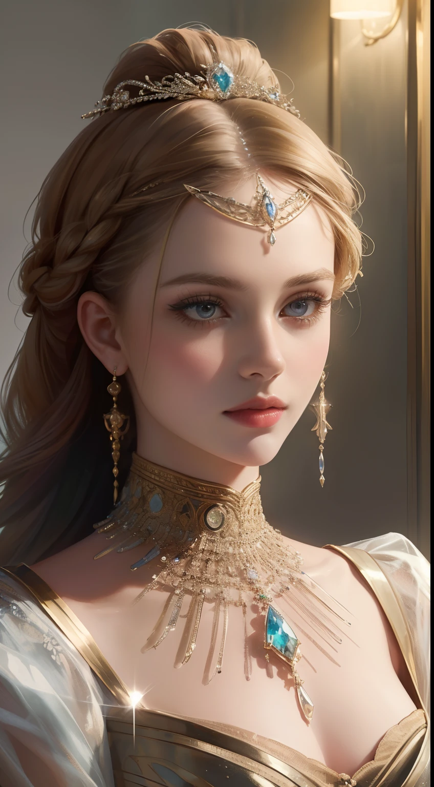 (Ultra-high quality masterpiece，Beautiful bust of an 18-year-old noble girl，Classical braids，The eyes are shiny and clear，Floral craftsmanship，Crystal jewelry，Ultra-fine details，Soft lighting)