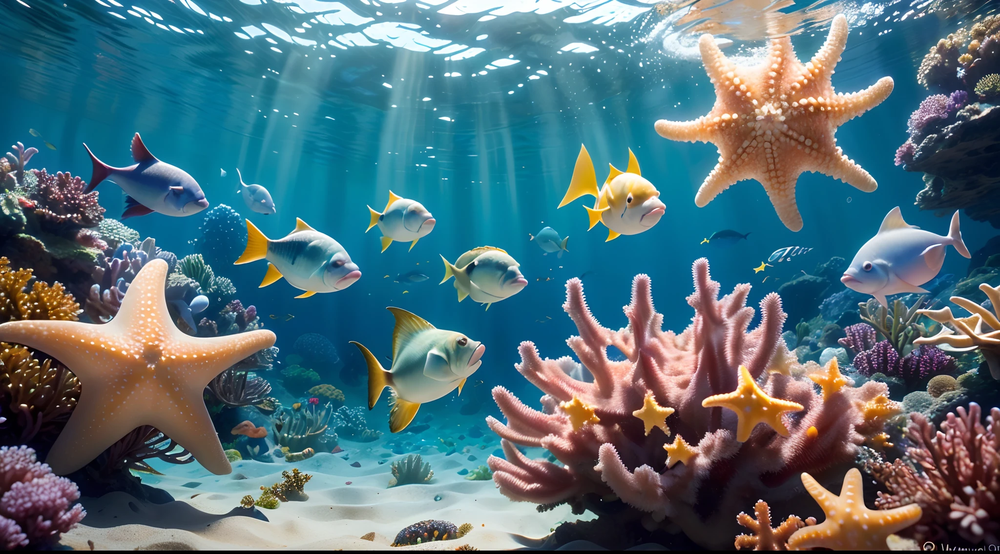pixar-style,Masterpiece,high qulity,Highest high resolution,Complicated detail,Very cute little starfish,,Swim freely in the sea,Clear, realistic water,Ray traching,reali