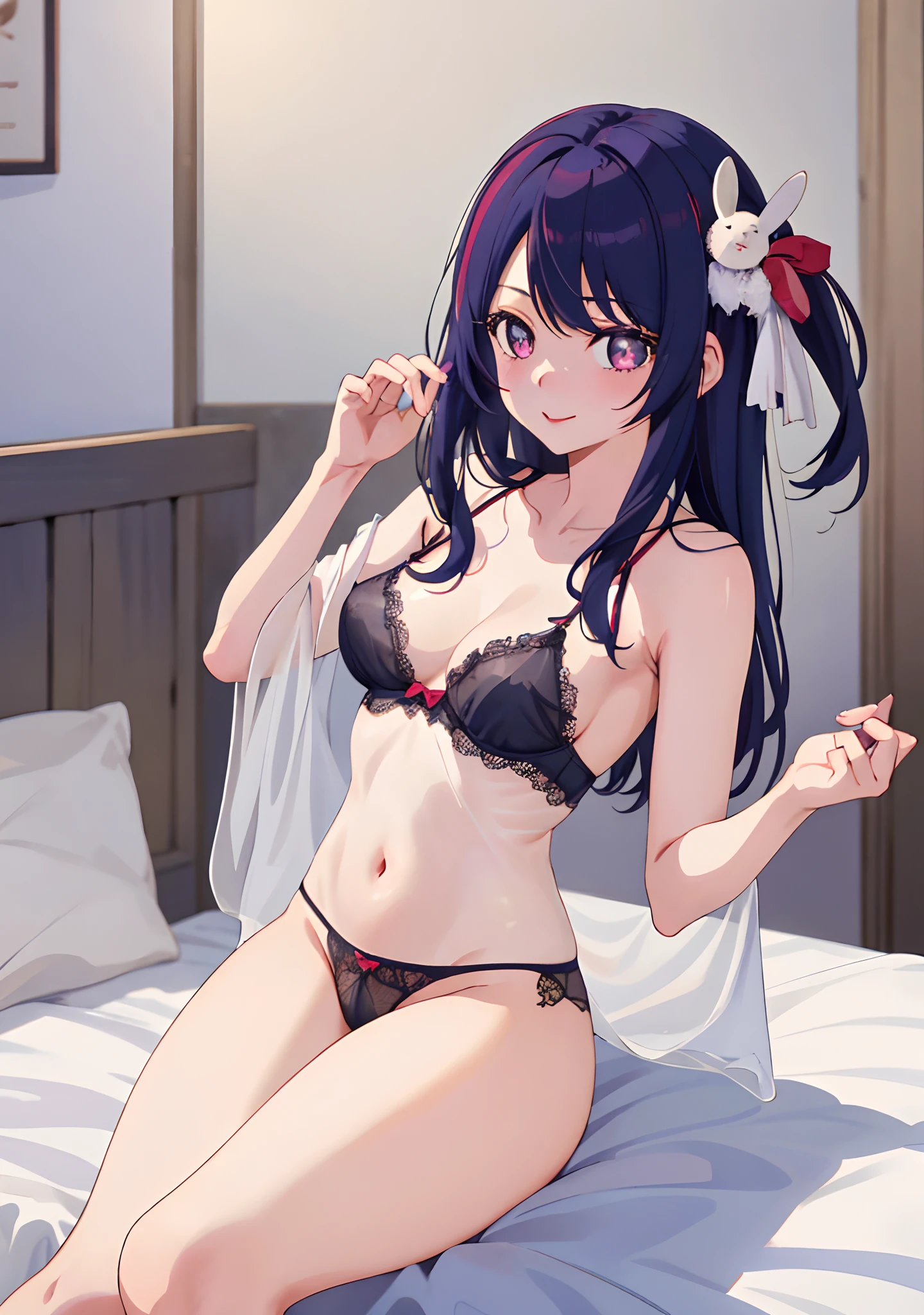 "(A true masterpiece with the best quality), featuring ai hoshino from oshi no ko in nsfw lingerie, looking cheerful but also showing off her beauty. She has a small face and large eyes which shows off her cute face. She has a medium-sized chest and a captivating cleavage, with panties that are slightly see-through and revealing. The hint of a nip adds an extra layer of sensuality to this stunning image."