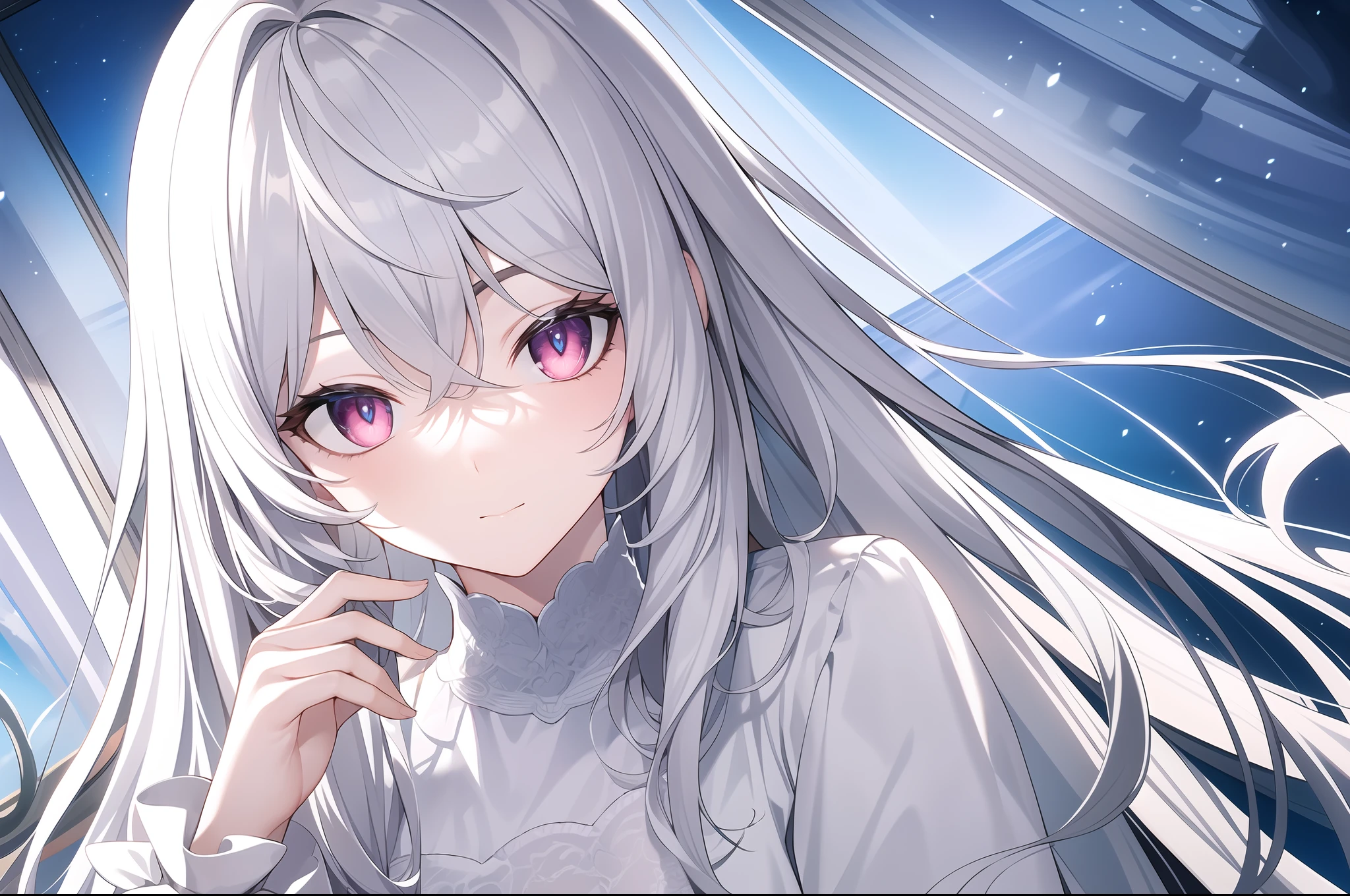 ((Masterpiece, Best quality))++, Detailed light+,  Detail hair+, detail hand+ ,1girll, woman, Long hair,   Crimson eyes,  Beautiful eyes, Young gray hair,,(Beautiful white hair:1.5),(Beautiful detailed eyes),    high resolution+,   blacksilk  ， a black skirt, Glass tones, Reflective eyes,   {{Angle}} , extremelydetailedwallpaper, Original, ,