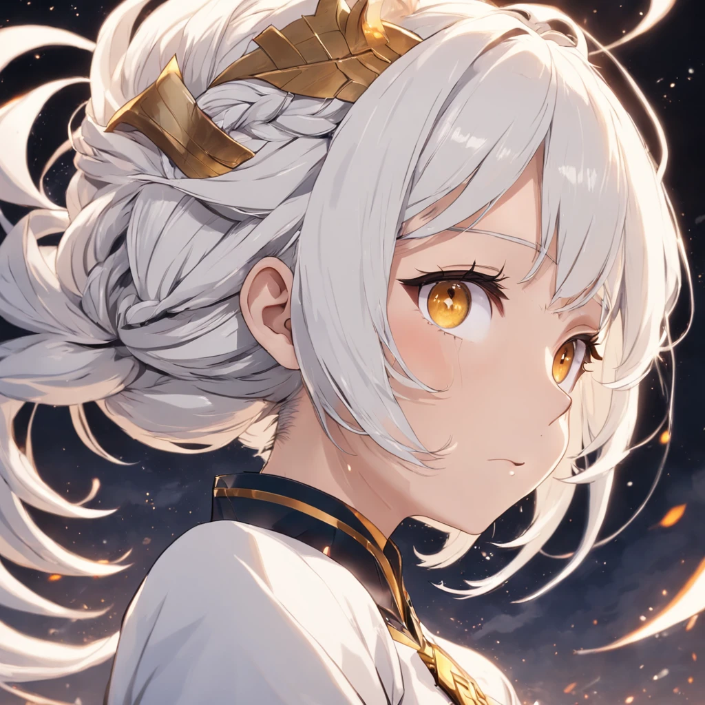 Need,tmasterpiece,whaite hair,Golden eyes,Manteau blanc,Look up,The upper part of the body,Hairline,Fair skin,SideBraid,No clothes