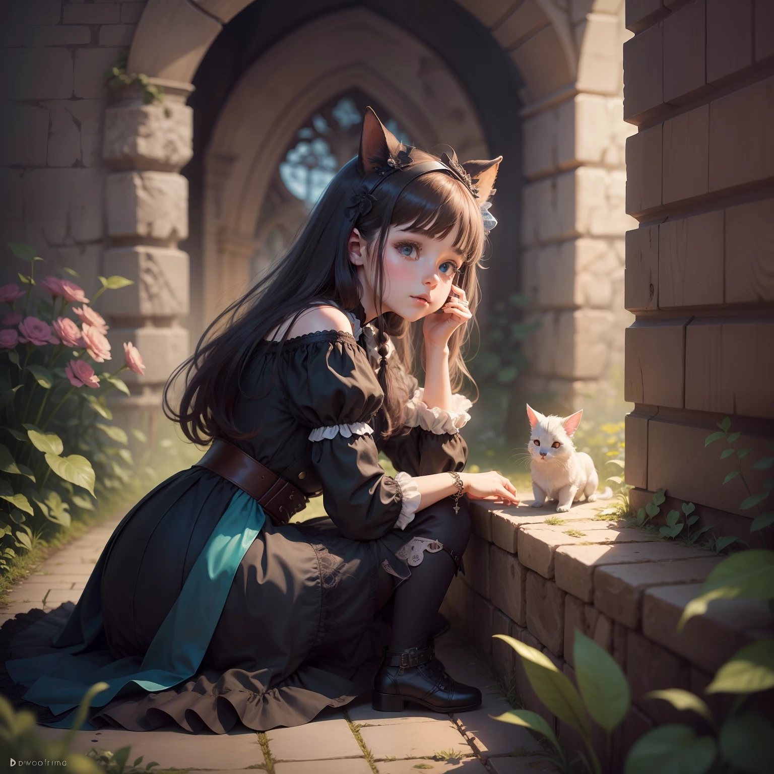 Create illustrations for a ren's fairy tale:About a girl talking to animals: in the Gothic style