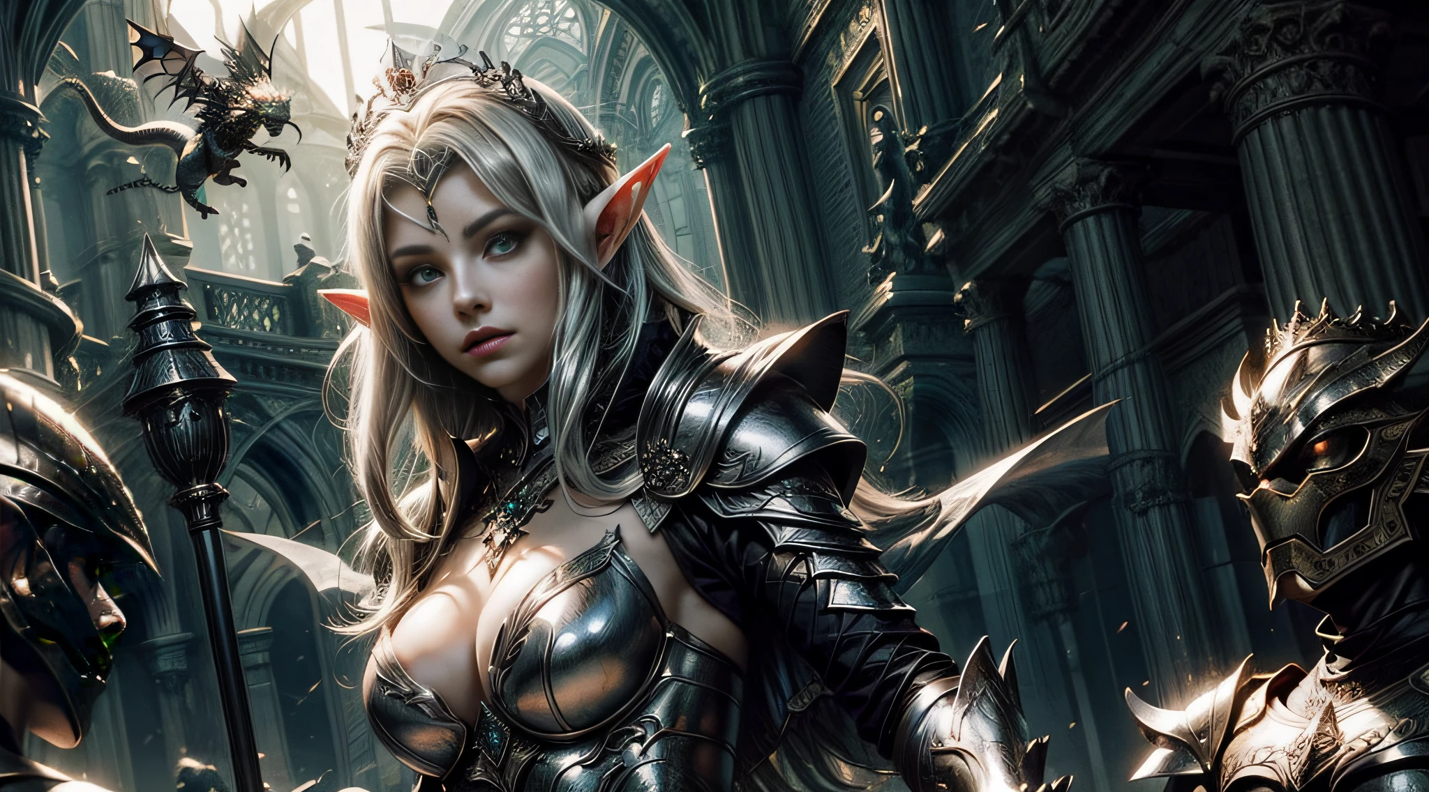 Female elf,Large breasts,Silver armor,tiara crown,dramatics,Fly on a dragon