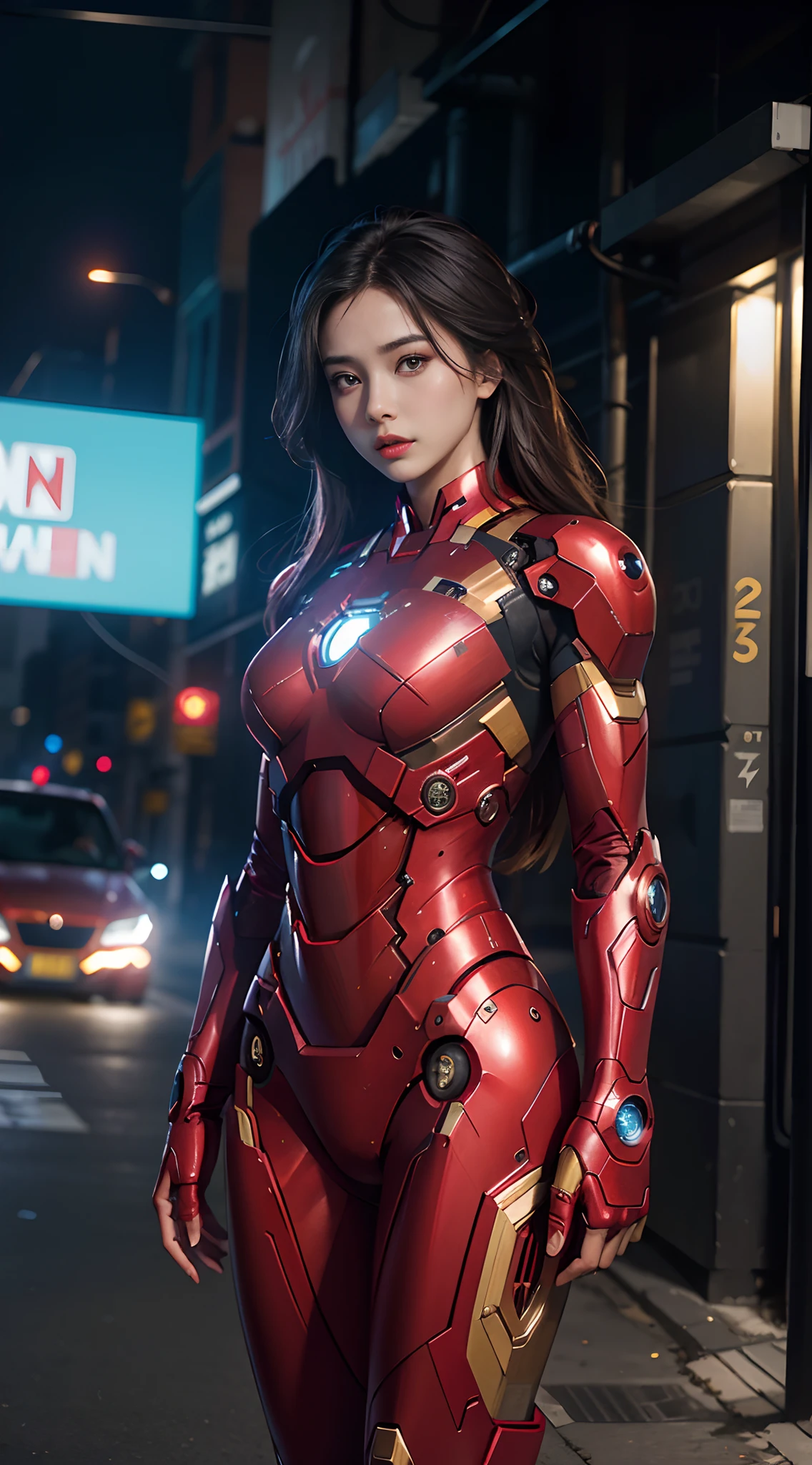 8k,realisticlying,Glamorous,The is very detailed,A 20-year-old girl, a sexy and charming woman, is inspired by Iron Man,Wearing a shiny Iron Man mech。She dresses to show sexiness and confidence,It perfectly interprets the power and charm of Iron Man。Abandoned warehouse as background,It creates a unique atmosphere,Highlight her bravery and perseverance。The tall buildings and buildings on the streets exude a unique charm of cyberpunk,The glow of neon lights outlines the city,It brings out the great power and personality of Iron Man。This one is high definition、High-quality images will give you a stunning visual enjoyment,Will be sexy、Futuristic and sci-fi elements are a perfect combination。OC rendering,dramatic lights,Award-winning quality,(((huge tit))),