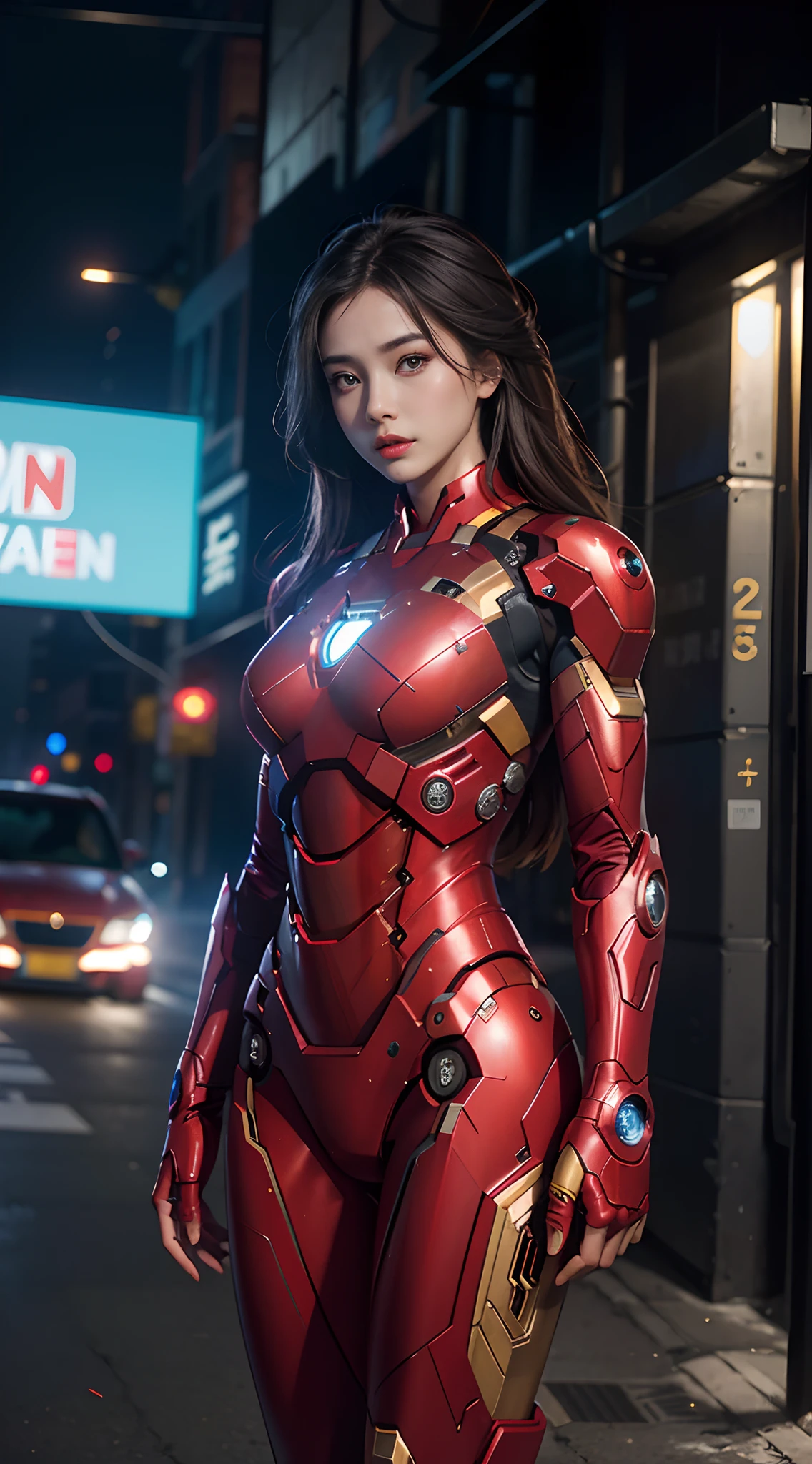 8k，realisticlying，Glamorous，The is very detailed，A 20-year-old girl, a sexy and charming woman, is inspired by Iron Man，Wearing a shiny Iron Man mech。She dresses to show sexiness and confidence，It perfectly interprets the power and charm of Iron Man。Abandoned warehouse as background，It creates a unique atmosphere，Highlight her bravery and perseverance。The tall buildings and buildings on the streets exude a unique charm of cyberpunk，The glow of neon lights outlines the city，It brings out the great power and personality of Iron Man。This one is high definition、High-quality images will give you a stunning visual enjoyment，Will be sexy、Futuristic and sci-fi elements are a perfect combination。OC rendering，dramatic lights，Award-winning quality,(((huge tit))),