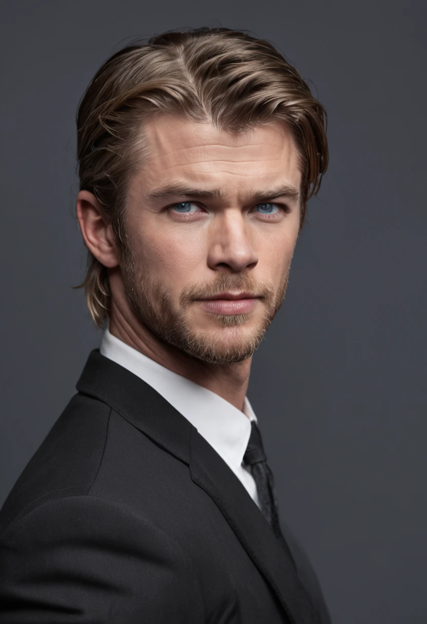 Businessman man like white Chris Hemsworth in black suit。Sitting on a chair