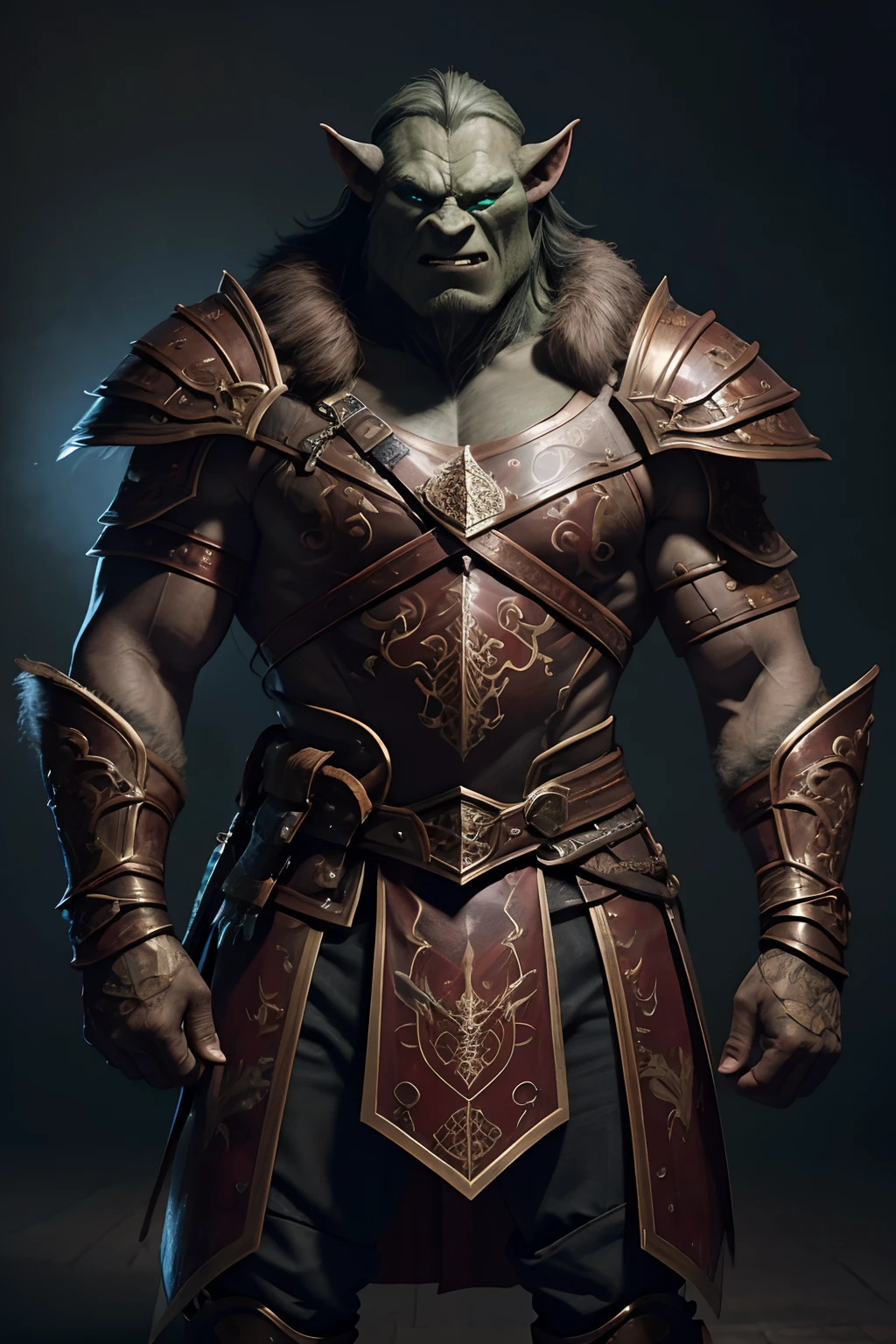 Game character standing drawing design,Disney animation,style of disney animation,Orc male,Leather armor,Fur shoulders,Stout limbs,Muscle explosions,The barefoot,Armed with a huge red axe,Different layers overlay,Different angles,(Left view full body:1.4),solid color backdrop,clean backdrop,depth of fields,high light,Real light,Ray traching,OC renderer,UE5 renderer,Hyper-realistic,best qualtiy,8K,Works of masters,super-fine,Detailed pubic hair,Correct anatomy,