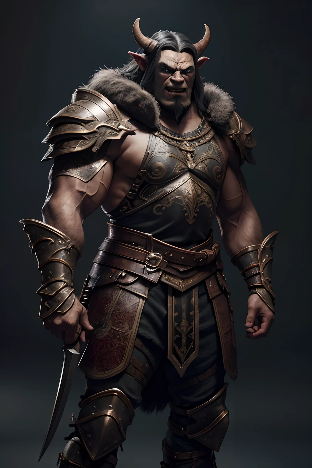 Game character standing drawing design,Disney animation,style of disney animation,Orc male,Leather armor,Fur shoulders,Stout limbs,Muscle explosions,The barefoot,Armed with a huge red axe,Different layers overlay,Different angles,(Left view full body:1.4),solid color backdrop,clean backdrop,depth of fields,high light,Real light,Ray traching,OC renderer,UE5 renderer,Hyper-realistic,best qualtiy,8K,Works of masters,super-fine,Detailed pubic hair,Correct anatomy,