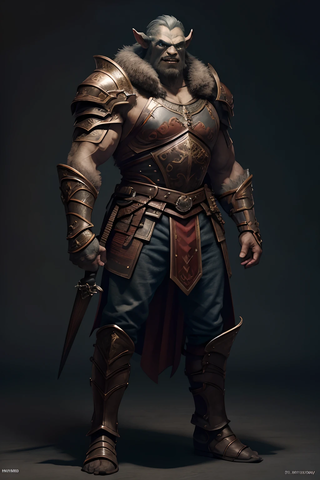 Game character standing drawing design，Disney animation，style of disney animation，Orc male，Leather armor，Fur shoulders，Stout limbs，Muscle explosions，The barefoot，Armed with a huge red axe，Different layers overlay，Different angles，（Left view full body：1.4），solid color backdrop，clean backdrop，depth of fields，high light，Real light，Ray traching，OC renderer，UE5 renderer，Hyper-realistic，best qualtiy，8K，Works of masters，super-fine，Detailed pubic hair，Correct anatomy，