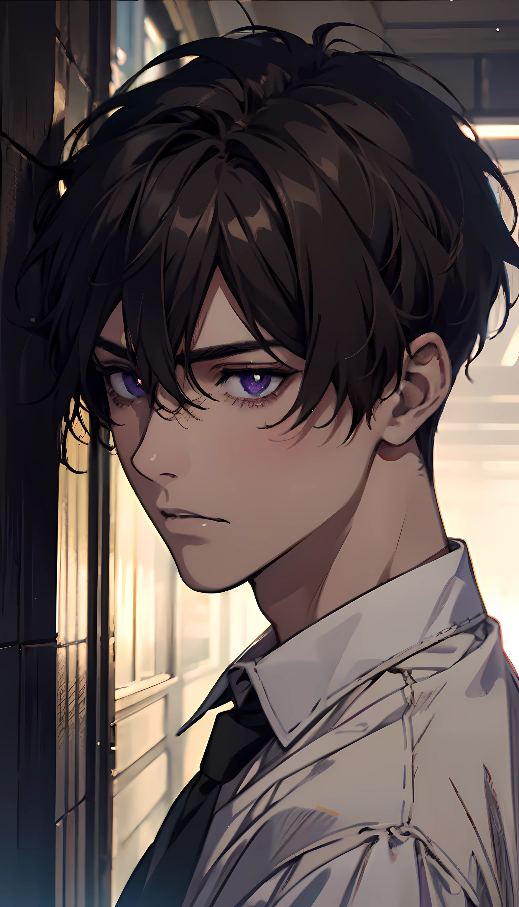 1boy,male,Young man,Pale ager,White Rose,white shirt,dressings,Blood,Low screen contrast,high brightness,brown hair,Soft lighting,soft focus,Mysterios,Romance Lane, Anime Big, impressionism, cinematic lighting, Close -up, Hyper HD, 巨作, highly detail, purple eyes, short hair, hair between eyes