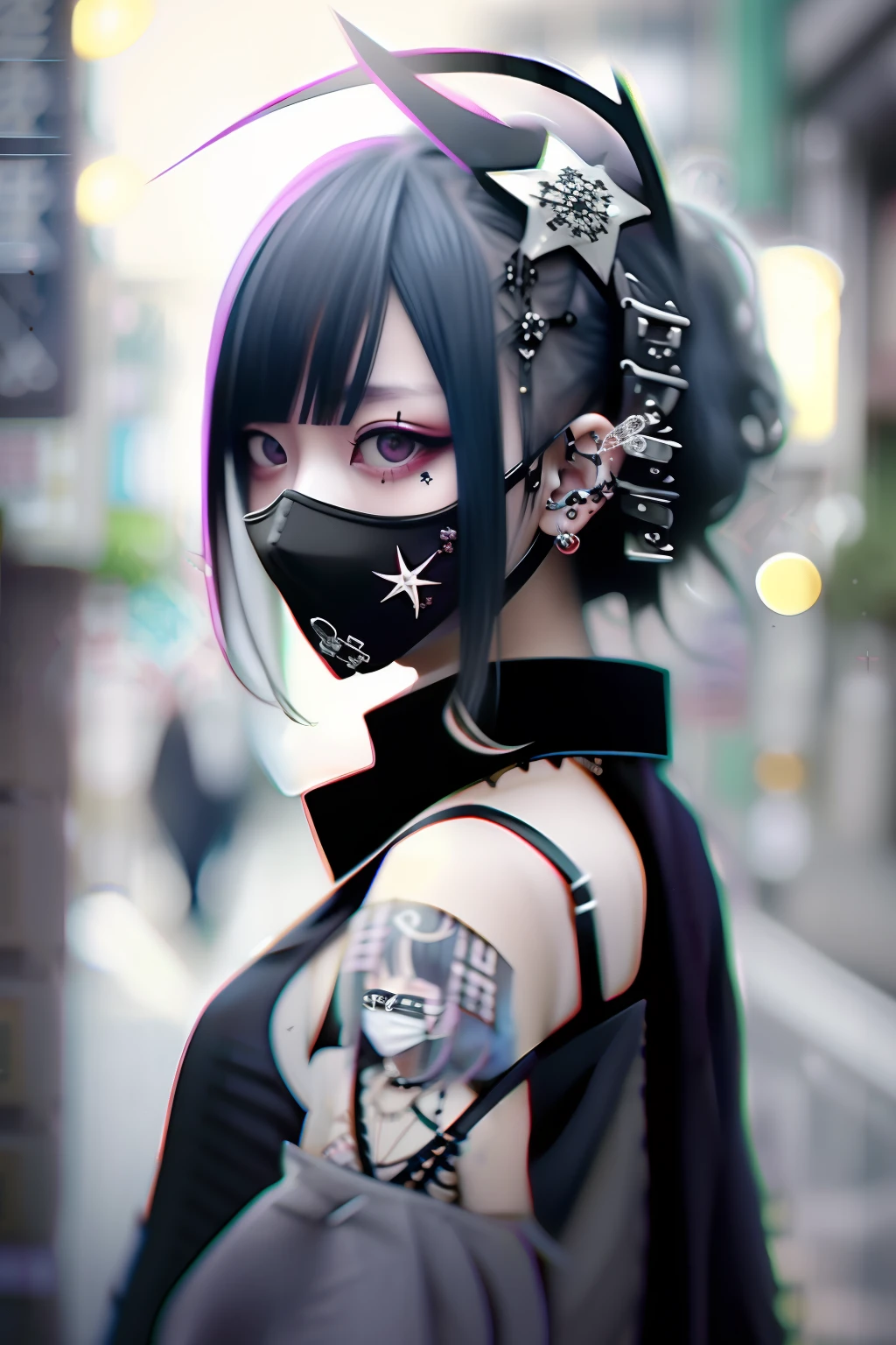 red hairs、reddish。Red、goth_punk, 1girl in, 独奏, medium shot, Walking in Harajuku, ((during night)), bokeh dof, Neon light, Iridescent eyes, starrysky, White shiny hair, White eyebrows, Radiant hair, (iridescent white hair), 耳Nipple Ring, bangss, jewely, masks, bluntbangs, verd s eyes, Mouth mask, blurry backround, bblurry, hair adornments, Look at viewers, shorth hair, portraitures, side locks