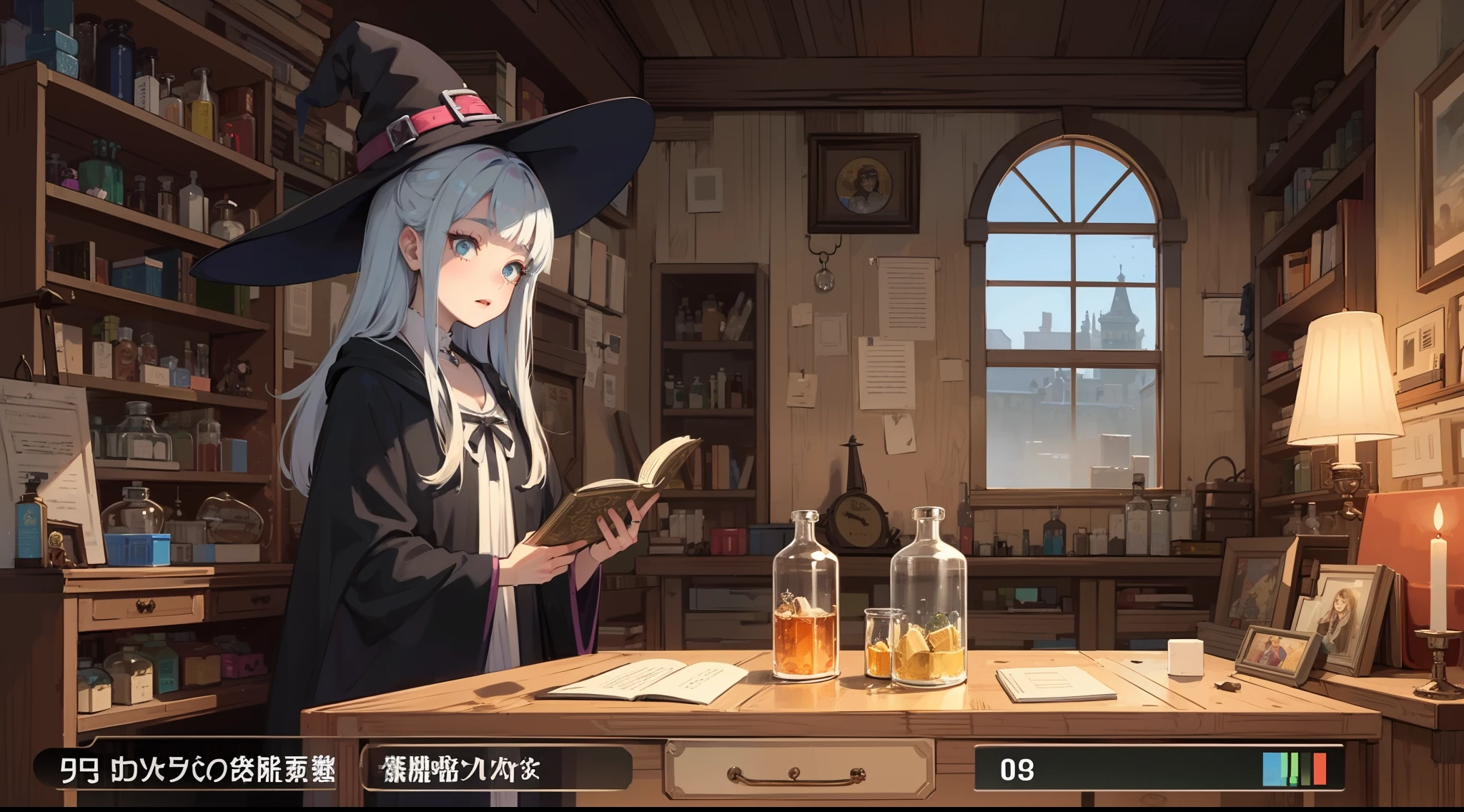 Anime girl in witch costume standing in room with window,Young adult females, Black robe. Witch hat. Dark blue hair, short length bangs, Anime screencap, 2D, black-haired mage, the witch, flirty anime witch casting magic,(she is in the potions workshop:1.35),Secret doctor,Reagent bottles,Ancient magic books,Complete set of chemical experiment equipment,Strange magical solution,Guviz-style artwork, beautiful cowboy witch,sorceress woman,A witch,beautiful female witch,witch academia,witch,by Yang J, classical witch,Immersive setup+ videogame+ The protagonist+ White witch +1 Lord of the Rings+3 Magic Array+ Unique power+ Void energy+ environment+ Famous landmarks+ Terrain+ Weather conditions+ disorder+ enemies+ player+ Vivid language+ scene+ engage+ imagination+, V0id3nergy , (White witch:1.3)