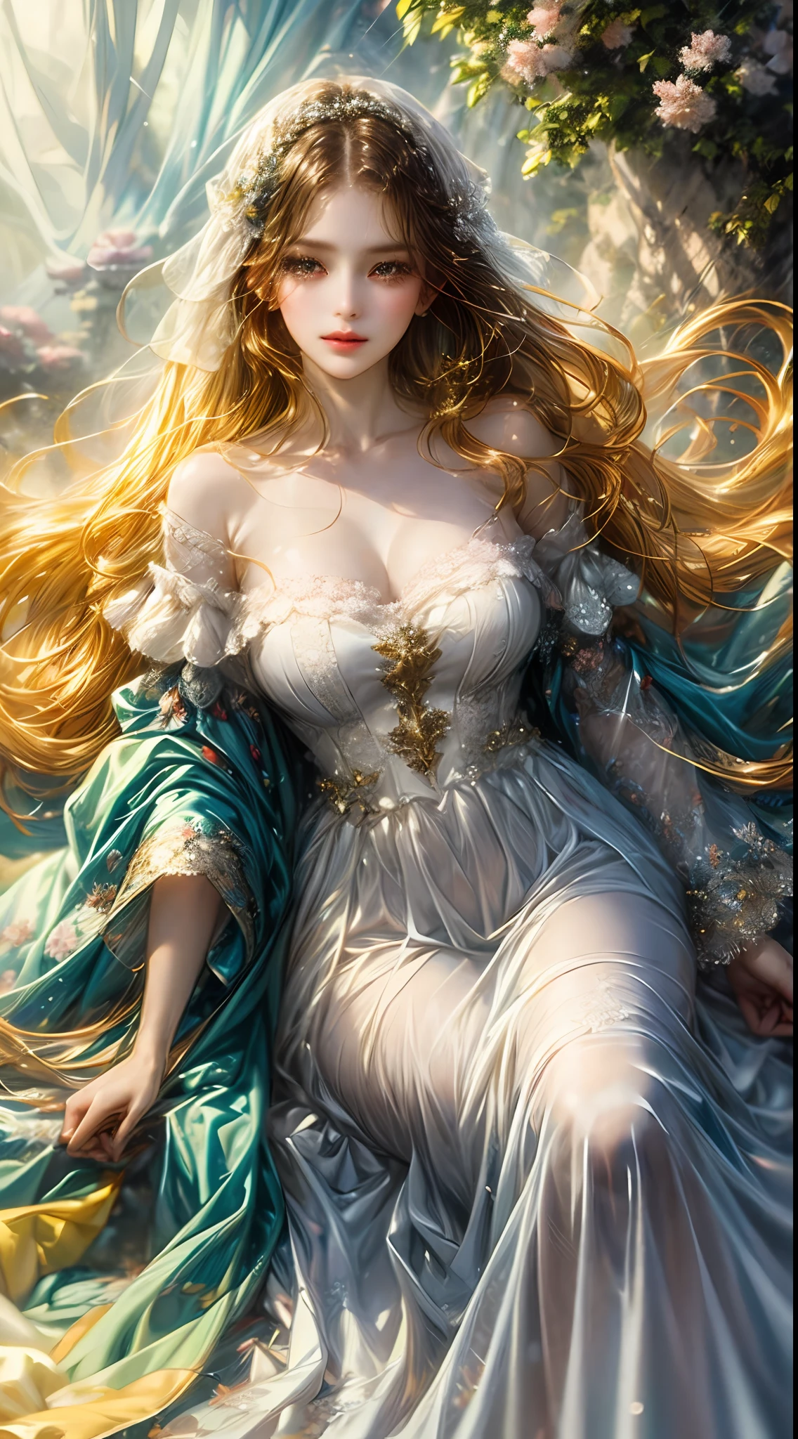 (golden lighting),(vibrant colors),(delicate brushstrokes),(detailed features),(elegant pose),(subtle smile),(gentle background),(sensual expression),(flowing dress),(dreamy atmosphere),(mysterious ambiance),(lush greenery),(airy feel),(subtle highlights),(subtle shadows),(subtle textures),(captivating gaze),(ethereal beauty),(graceful movement),(faint blush)