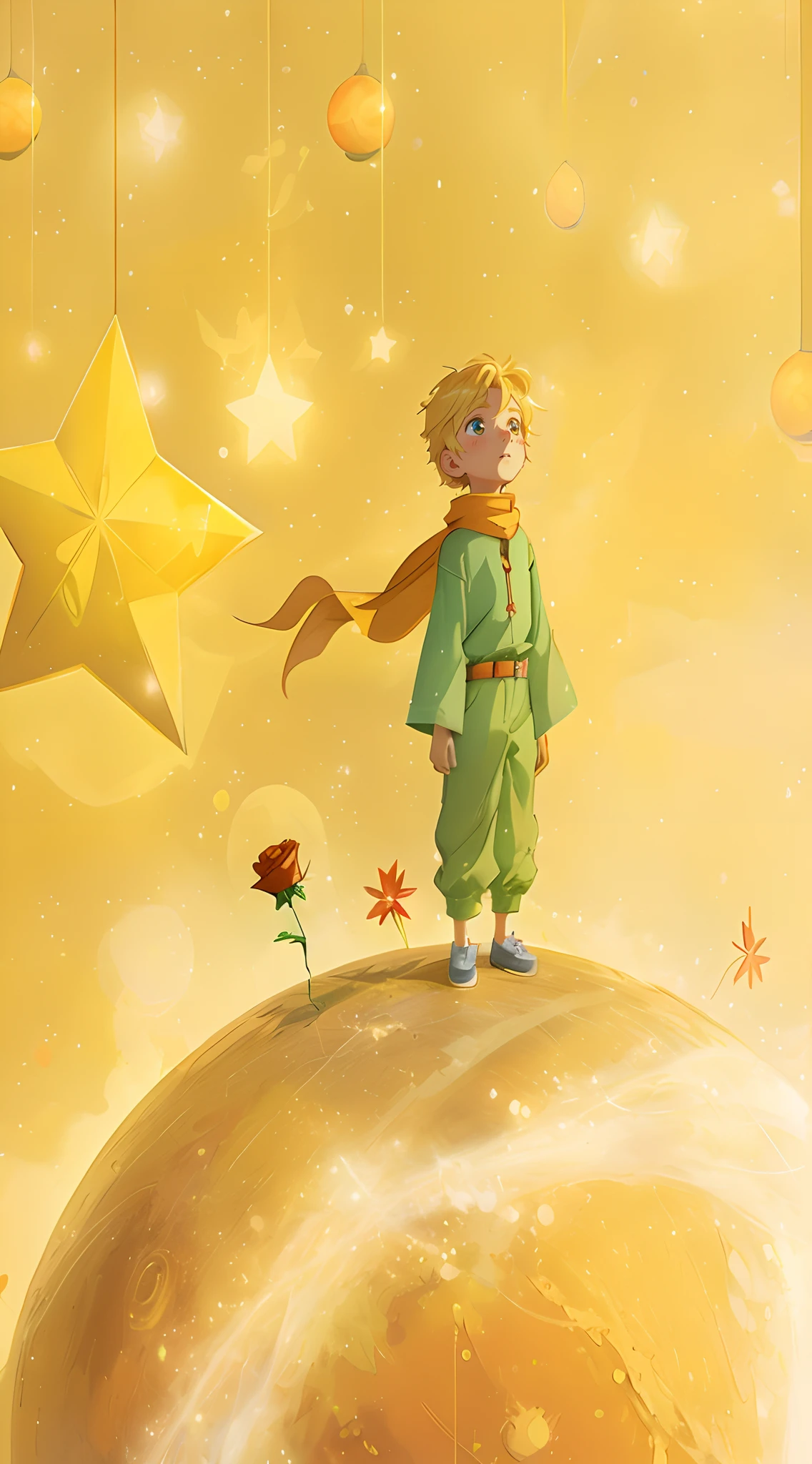there is a cartoon picture of a little blonde boy standing on a giant orange moon with a red rose, the little prince, key art, fan art, official art, illustration!, animation film, animated film, artistic render, oscar winning animation, production art, promotional art, award winning animation, illustartion, illustration”, dreamy art, concept art artwork masterpiece, 2 d cg, cg art