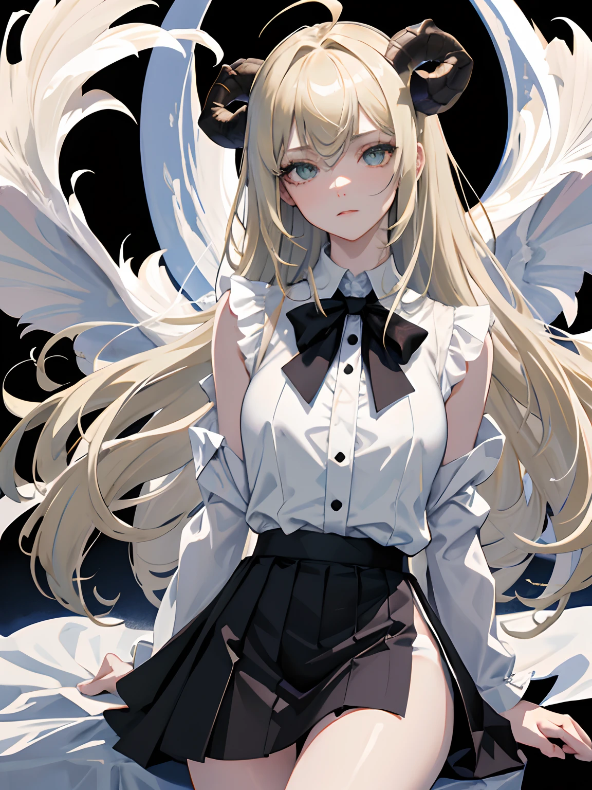((masterpiece, best quality)), (1girl), (solo), (female focus), (ahoge, ash blonde hair, long hair), green eyes, ((white shirt), (buttoned shirt)), ((black skirt), (short skirt)), standing, white background, arms behind back, bat wings on the waist, sheep horns, sad eyes, cold facial expression, cold look, pale skin, colour grading, dark illustration, extreme quality, radiant, extremely detailed, ultra-detailed face, ultra hd 8k, ultra digitality, mythical, dark lightning, sleepy eyes, detailed hands