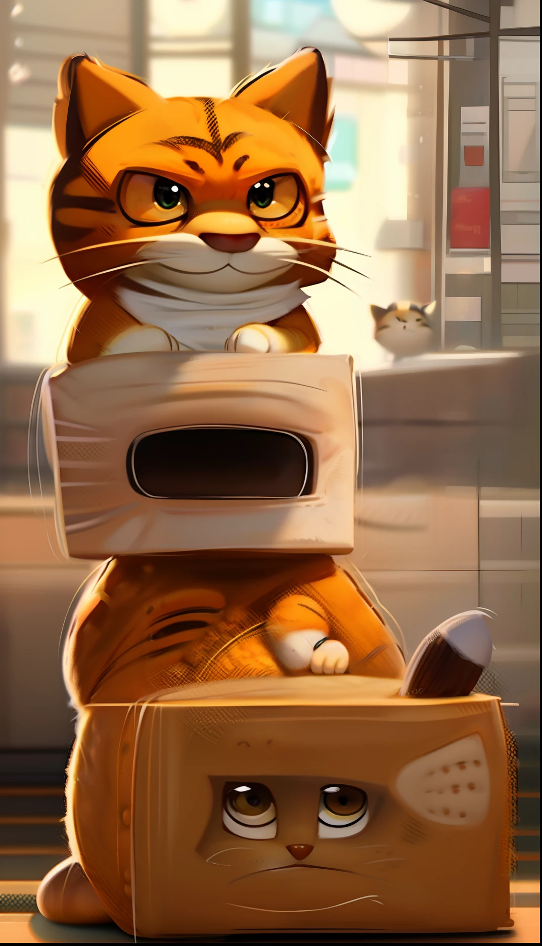 There is an image of a cartoon SMILE cat sitting in a collllllllo , Garfield, Garfield, o gato, Com Garfield, o gato dos desenhos animados, Garfield eating bread , Quadrinhos de Garfield, Retrato de Garfield, Eldritch abomination Garfield, Garfield Catface, Highly detailed VFX espresso,4k mascote de cereais, Kenny Wong x Pop Mart, toon aesthetic, CGI inicial256k