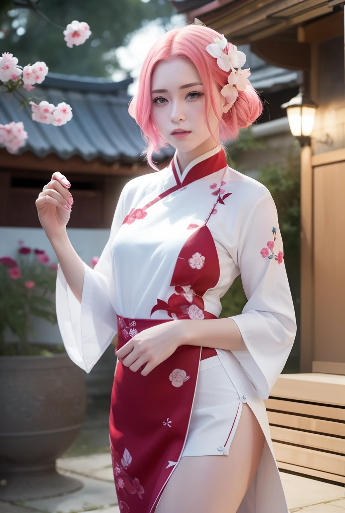 Sakura uchiha. A woman was in the yard at night. She was seen wearing a white cheongsam with red flowers on it. With a slit on the left that shows her white thigh. She had beautiful pink hair. His skin was so pale white. Her cheeks were rosy red and her tiny red lips tantalizing. He was looking into the camera. She looks so hot and realistic