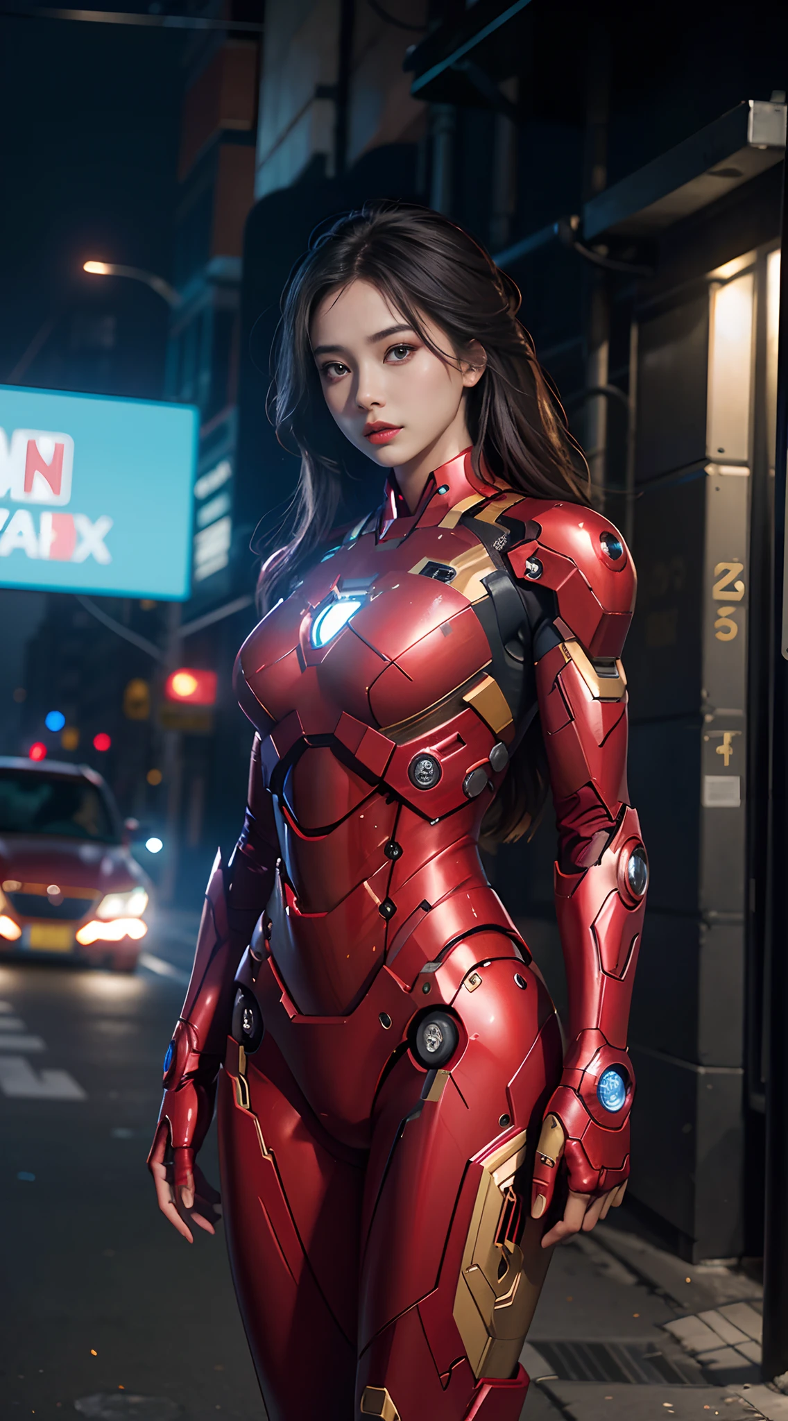 8k,realisticlying,Glamorous,The is very detailed,A 20-year-old girl, a sexy and charming woman, is inspired by Iron Man,Wearing a shiny Iron Man mech。She dresses to show sexiness and confidence,It perfectly interprets the power and charm of Iron Man。Abandoned warehouse as background,It creates a unique atmosphere,Highlight her bravery and perseverance。The tall buildings and buildings on the streets exude a unique charm of cyberpunk,The glow of neon lights outlines the city,It brings out the great power and personality of Iron Man。This one is high definition、High-quality images will give you a stunning visual enjoyment,Will be sexy、Futuristic and sci-fi elements are a perfect combination。OC rendering,dramatic lights,Award-winning quality,(((huge tit))),