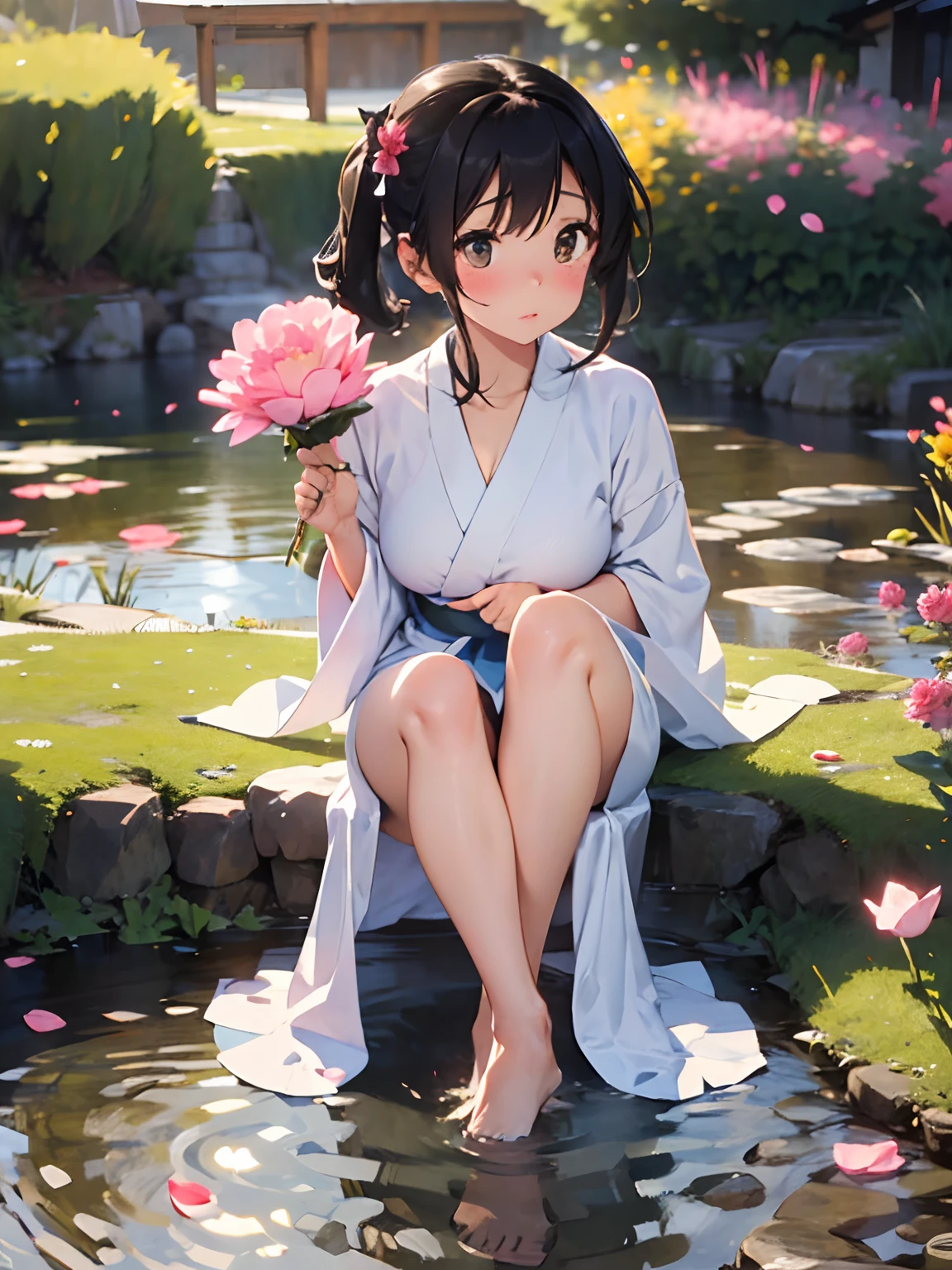 1girl, solo, beautiful, cute, perfect girl body figure, light coloured kimono, red blush, full body, flower petals, beautiful background, cleavage, boobs, long kimino, sitting near a pond with her feets in water, flower petals in water