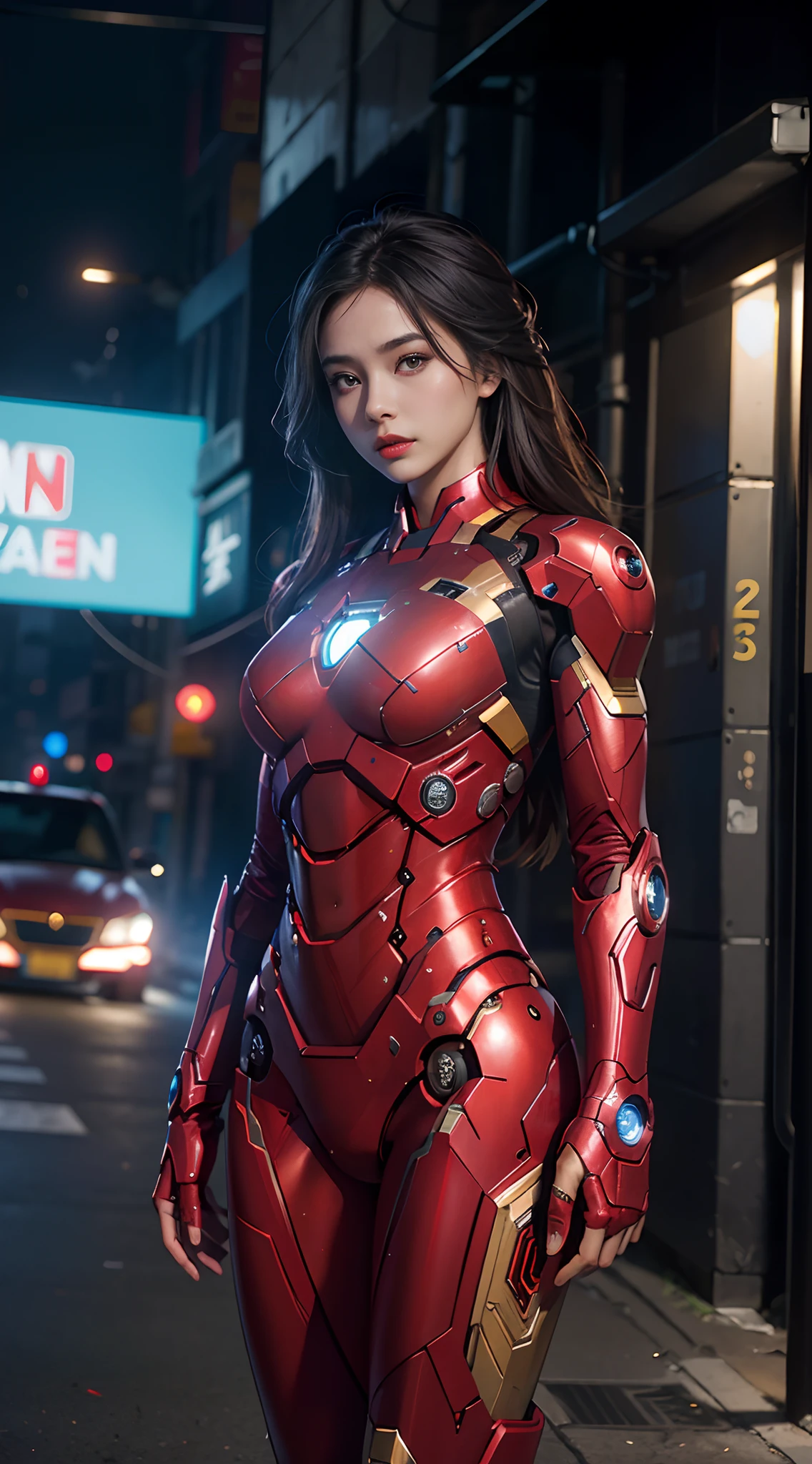 8k,Realistically,Glamorous,Very detailed,A 20-year-old girl, Sexy attractive woman, inspired by Iron Man,Wearing a shiny Iron Man dress。She dresses to look sexy and confident,Perfectly interprets the power and charm of Iron Man。Cyberpunk style night view of the city,Iron Man actor plays theme song《Sexy charming woman》。她Wearing a shiny Iron Man dress,Stand on a street lined with tall buildings。The city night scene is brightly lit,Reflected in her mecha,It adds a sense of futuristic technology。The surrounding buildings and streets are full of cyberpunk elements,like neon lights、High-tech installations and futuristic architectural design。The whole scene is full of futuristic and sci-fi feeling。This is HD、High-quality images will give you a stunning visual experience,will be sexy、The perfect combination of futuristic and sci-fi elements。oc rendering,Dramatic Lighting,Award-winning quality