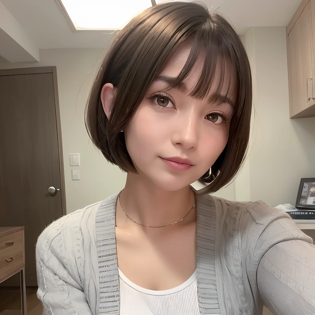 Product quality, 1 girl per 1 photo, The angle at which you look up at the subject, Cowboy Shot, Side view, a Japanese young pretty girl, Short bob hair,Spread hairstyle wearing a red collar,Wearing a light gray long-sleeved cardigan, Wear light brown pants, hyper cute face, Glossy lips, large round eyes,double eyelids for both eyes, Natural makeup, short bob hair shiny smooth light gray hair, asymmetrical bangs, de pele branca, Friendly smile,Small cute nose,low nose,central image, 8K resolution, high detailing, detailed hairstyle, Detailed face, Cinematic lighting, Octane Rendering, Hyper realistic, Perfect limbs, Perfect Anatomy