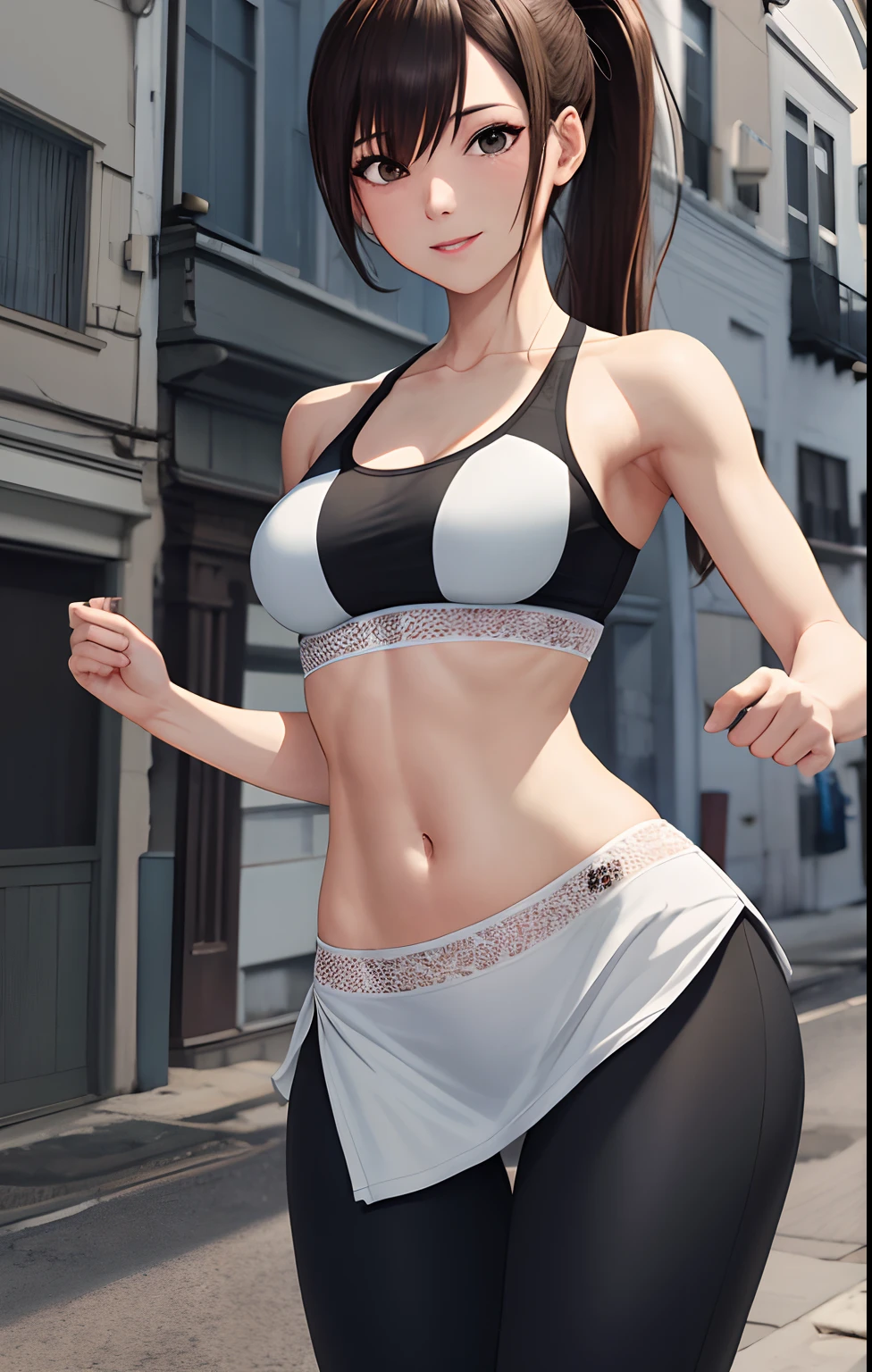 Solo, (38 years), (maturefemale, house wife), White Dress, High quality, hight resolution, absurderes, Ultra-detailed, Detailed background, Black Leggings, Sports Bra, (masutepiece:1.2), Dynamic Pose, Cowboy Shot, Beautiful eyes, Very long hair, Ponytail, Eyelashes, , wide hips, Curve, light brown hair, Intricate details, (Walking), backstreet, Sweating, Cityscape, towel around neck,small tits