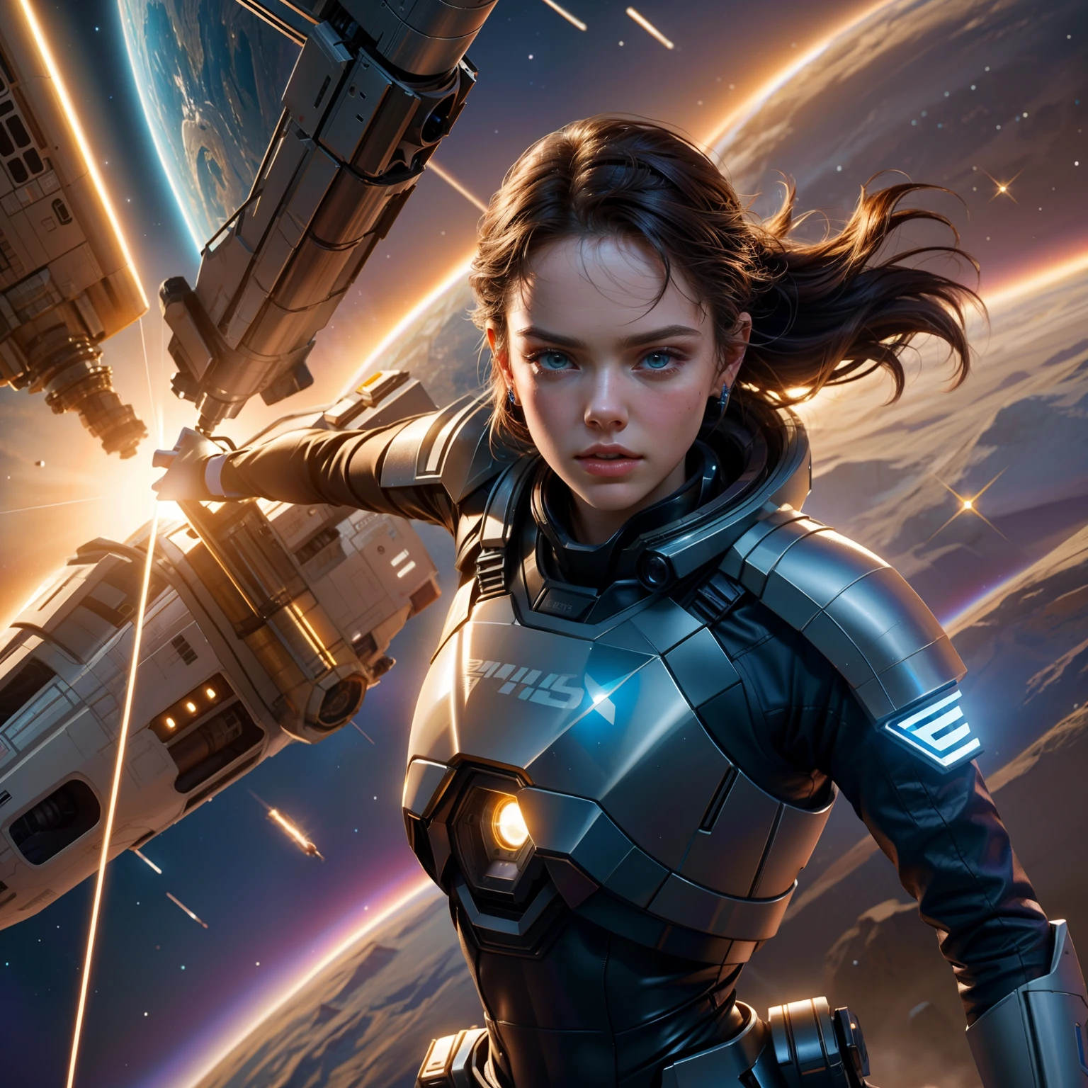 a close up of epic Sci fi hot Daisy Ridley in a sci fi white tech suit clothes cabelos longos brancos,Detailed clothing details,Liquid effect, space, heavenly body,Interstellar battlefield 8k realistic