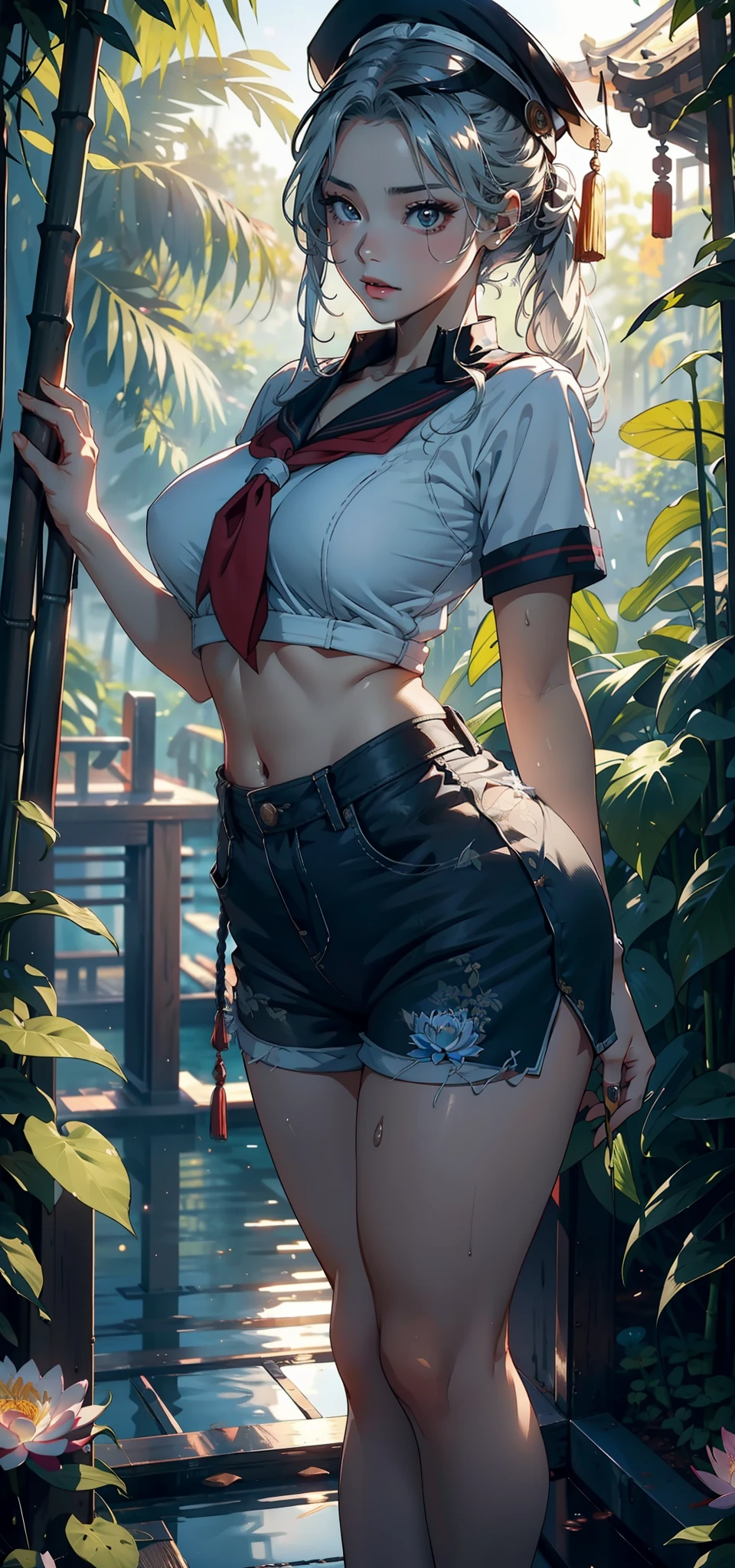 1female，，teens girl，smallunderboob，Pornographic exposure， 独奏，（Background with：the rainforest，in summer，Ground area water，exteriors） Casual blonde hairstyle，Stride，Sweat profusely，drenched all over the body，seen from the front ， mostly cloudy sky，（（（tmasterpiece），（Very detailed CG unity 8K wallpaper），best qualtiy，cinmatic lighting，detailed back ground，beatiful detailed eyes，Bright pupils，（Very fine and beautiful），（Beautiful and detailed eye description），ultra - detailed，tmasterpiece，）），face to the viewer，frontage，A high resolution，ultra - detailed）nakeness，Wipe off panties，revealing breasts，Bare genitalia， Bulge，Camel toes，Raised sexy，Lewd expression，Flushed complexion，Open-mouthed，frontage，shairband，（Wearing：Red Victorian style officer uniform，）