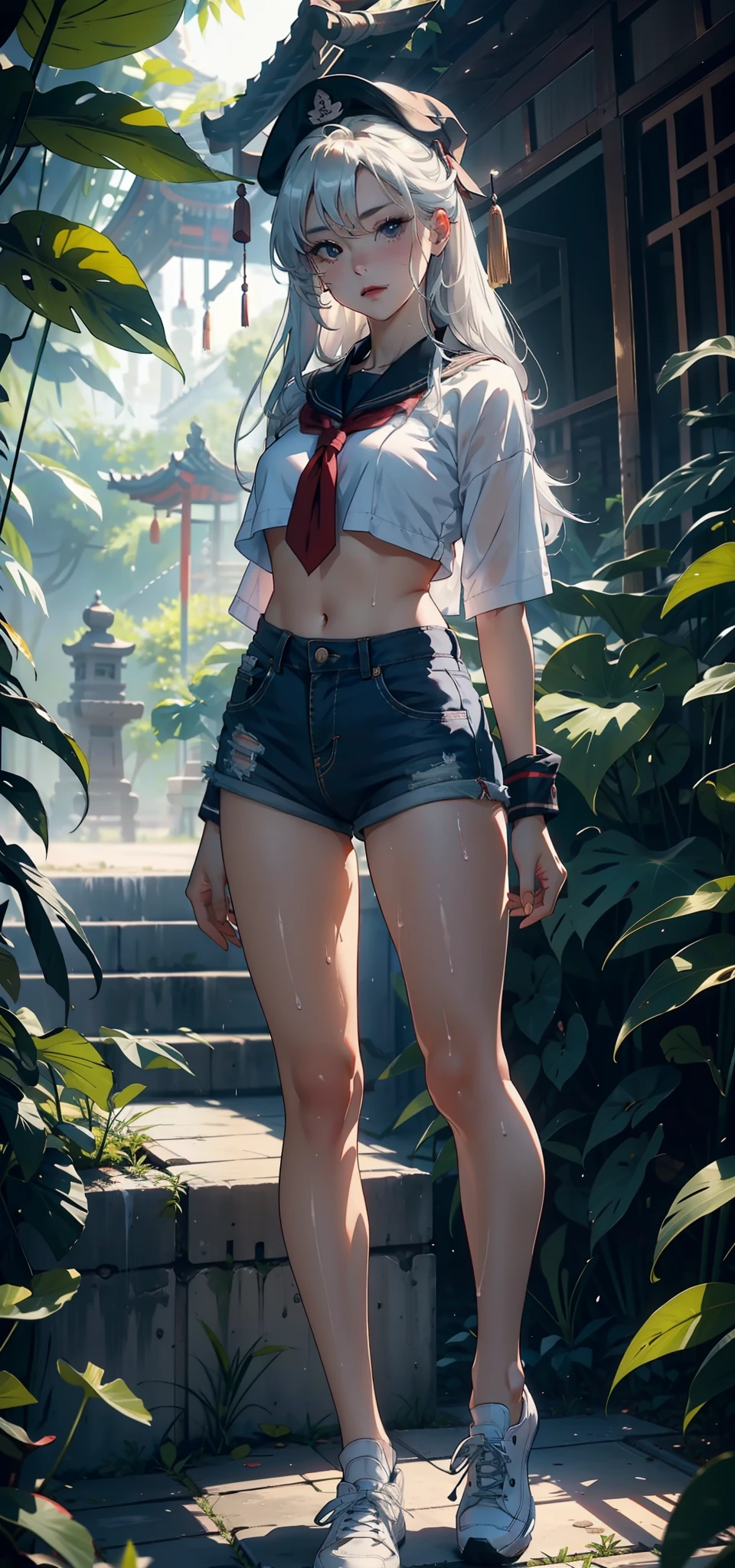 1female,,bit girl,super adorable,smallunderboob ,Pornographic exposure, 独奏,(Background with:hilltop,the rainforest,in summer,Standing water on the ground,exteriors) Feel free to hairstyle,legs are open,Sweat profusely,drenched all over the body,seen from the front,Long pink hair , mostly cloudy sky,(((tmasterpiece),(Very detailed CG unity 8K wallpaper),best qualtiy,cinmatic lighting,detailed back ground,beatiful detailed eyes,Bright pupils,(Very fine and beautiful),(Beautiful and detailed eye description),ultra - detailed,tmasterpiece,)),facing at camera,A high resolution,ultra - detailed)nakeness,with no underpants,revealing breasts,Bare genitalia, Bulge,Camel toes,Raised sexy,Lewd expression,Flushed complexion,Open-mouthed,frontage,White military cap(Wearing:Red aviator short jacket,White bikini shorts,slippers)Full body photo,Show shoes