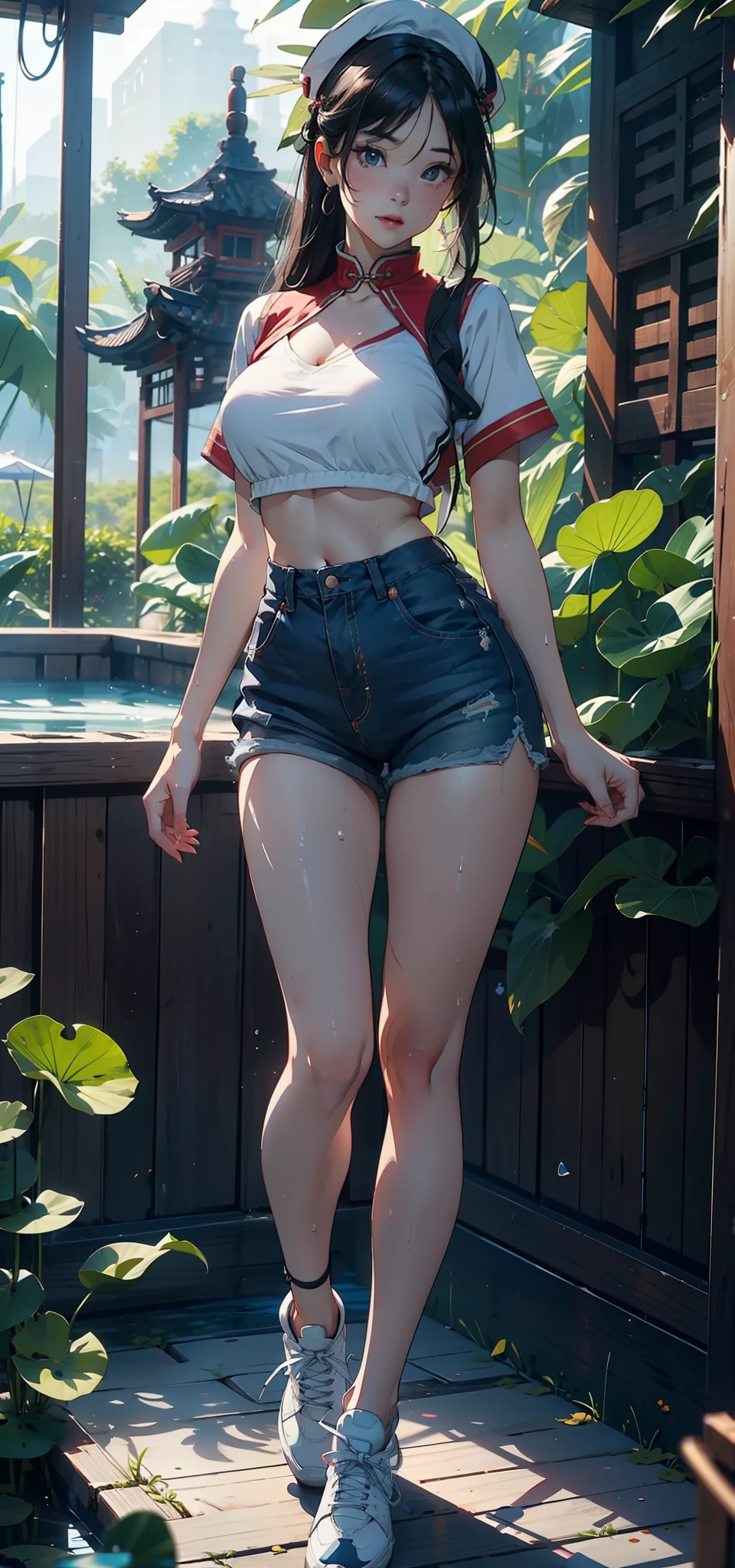 ((Best Quality)),NSFW,((Realistic)),((Absurd resolution,Ultra High Resolution,Highly detailed)),(Highly detailed face:1.2),8k,RAW,1girl,((Japanese)),mature female,(from behind:1.4),(big ass:1.2),(looking back),(full body),(beautiful detailed eyes),large iris,brown eyes,(white fundoshi:1.3),(fun-roku),((skindantation)),(topless),(feminine),((beautiful)),(pretty face),(cry:1.1),(exposed hips:1.2),(armpit hair:1.2),detailed skin,(pale skin),(wet:1.3),(Pubic hair),Thick eyebrows,straight eyebrows,Low eyebrows,(thick lips:1.2),(Glossy lips),(lip stick),((blush)),(young),(Tall body:1.1),(athletic body:1.4),(slim),((curvy hips)),((round hips )),((wide forehead)),((Pulled back hair)),braid,Perfect Anatomy,(flat chest:1.3),(Black medium hair),pool,(sexy pose)