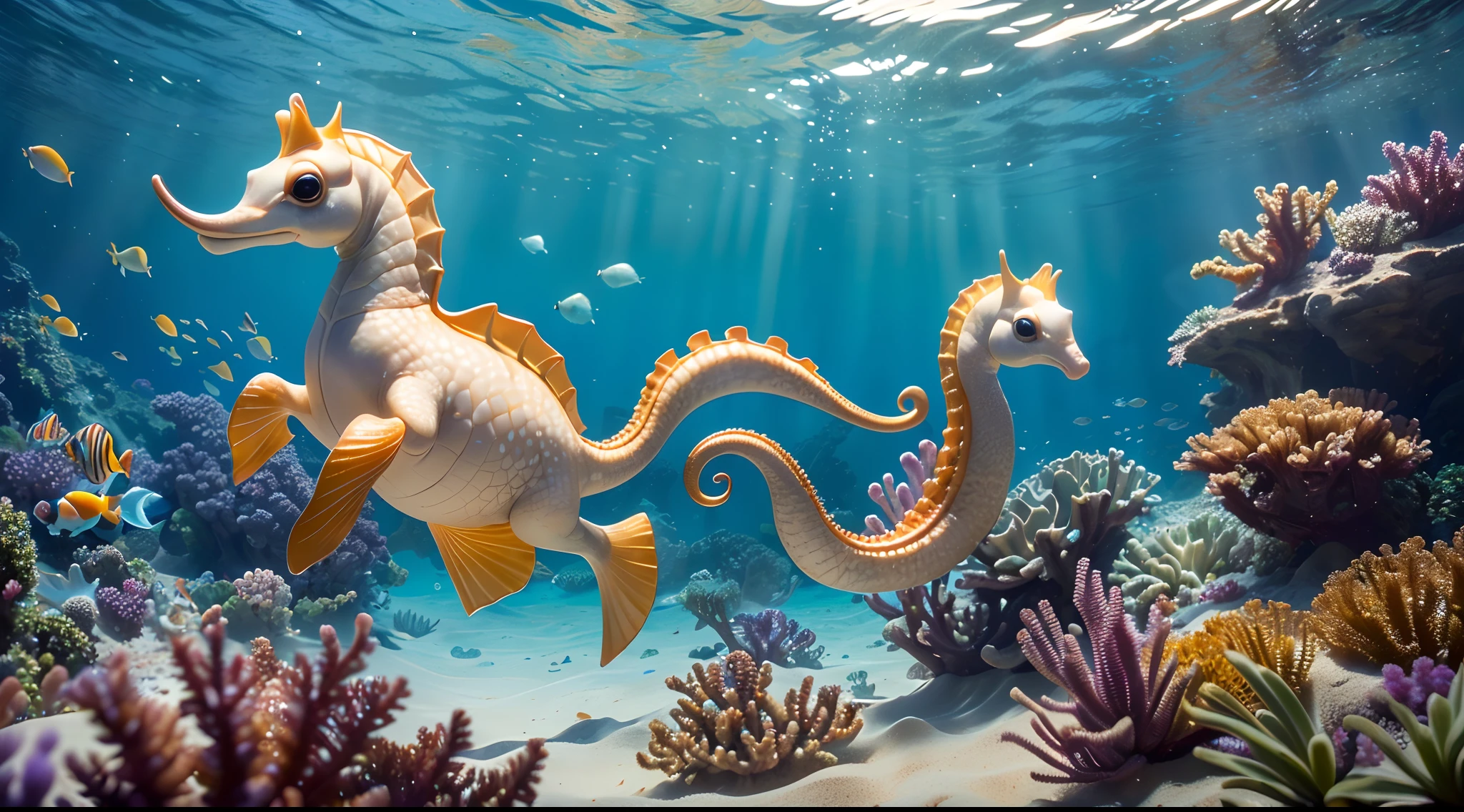 pixar-style，Masterpiece,high qulity,Highest high resolution,Complicated detail，Very cute little seahorse，，Swim freely in the sea，Clear, realistic water，Ray traching，reali