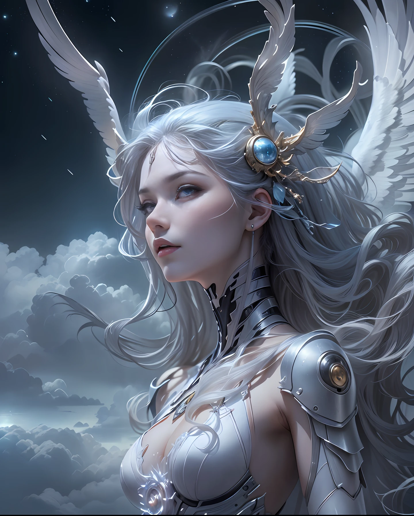 ((top-quality))、((masterpiece))、(detaileds)、Enchanting Angel、Beautiful angel in the night sky、Fantastic beauty、Perching on the clouds、(fantasy illustrations:1.3)、a captivating gaze、Pose Seductive、Delicate wings、Otherworldly charm、mystical sky、 (By Luis Royo:1.shitaka Amano:1.1)、Moon Night、Soft colors、(detailed cloudscape:1.3)、(hight resolution:1.2)Complex 3d rendering ultra detailed beautiful porcelain profile female android face、cyborgs、roboticparts、150mm、Beautiful studio soft lights、Rim Light、Vivid details、luxuriouscyberpunk、Ren Hao、surrealistic、Anatomical、face muscles、cable electric wires、microchips、elegent、beatiful backgrounds、Big Red Full Moon、octan render、HR Giger Style、8K、top-quality、masterpiece、illustratio、extremely delicate and beautiful、A highly detailed、nffsw、unification、wall-paper、(realisitic、Photorealsitic:1.37)、magnifica、Finely detailed、masterpiece、top-quality、Official art、Highly detailed ticker Unity 8K wallpapers、absurderes、incredibly absurdness、机器人、Silver Halmet、full body Esbian、sitting on、the skin is white, Transparent and beautiful、The viewer is the viewer's gaze、