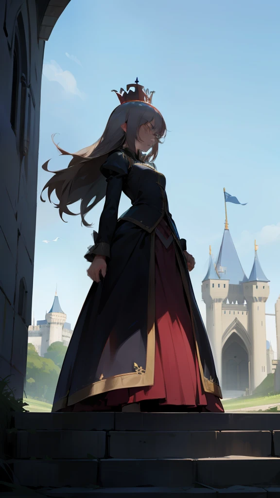 A slightly angry castle queen is standing in a deserted place