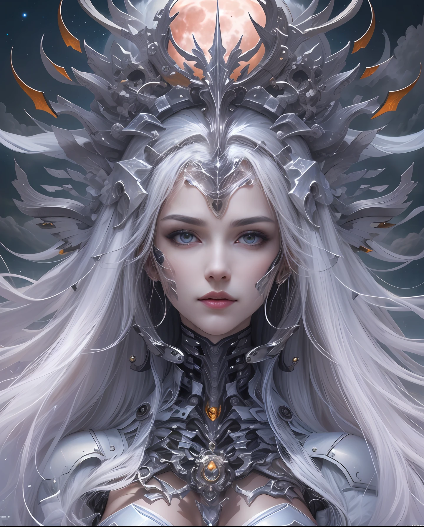 ((top-quality))、((masterpiece))、(detaileds)、Enchanting Angel、Beautiful angel in the night sky、Fantastic beauty、Perching on the clouds、(fantasy illustrations:1.3)、a captivating gaze、Pose Seductive、Delicate wings、Otherworldly charm、mystical sky、 (By Luis Royo:1.2)、(Yoshitaka Amano:1.1)、Moon Night、Soft colors、(detailed cloudscape:1.3)、(hight resolution:1.2)Complex 3d rendering ultra detailed beautiful porcelain profile female android face、cyborgs、roboticparts、150mm、Beautiful studio soft lights、Rim Light、Vivid details、luxuriouscyberpunk、Ren Hao、surrealistic、Anatomical、face muscles、cable electric wires、microchips、elegent、beatiful backgrounds、Big Red Full Moon、octan render、HR Giger Style、8K、top-quality、masterpiece、illustratio、extremely delicate and beautiful、A highly detailed、nffsw、unification、wall-paper、(realisitic、Photorealsitic:1.37)、magnifica、Finely detailed、masterpiece、top-quality、Official art、Highly detailed ticker Unity 8K wallpapers、absurderes、incredibly absurdness、机器人、Silver Halmet、full body Esbian、sitting on、the skin is white, Transparent and beautiful、The viewer is the viewer's gaze、