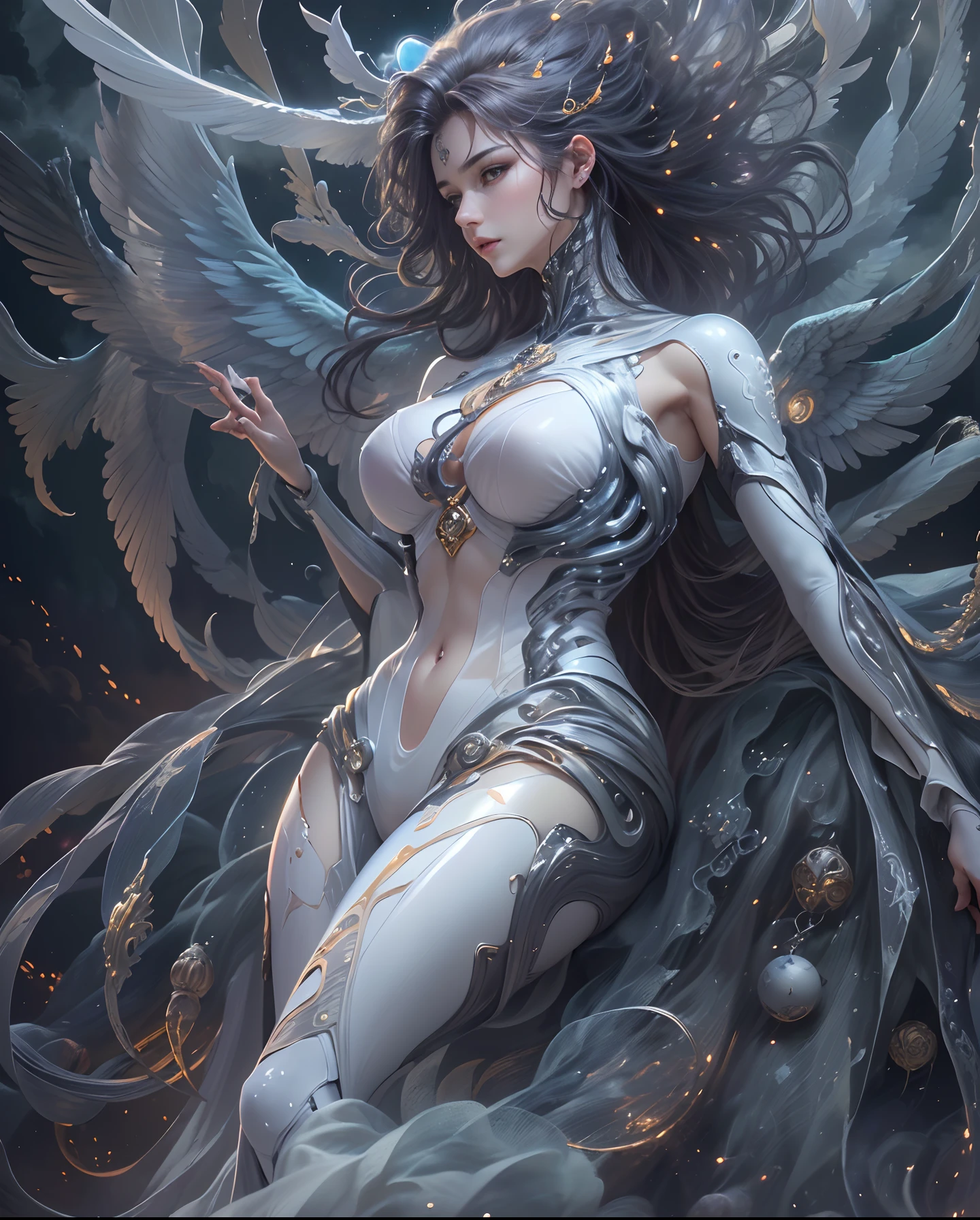 ((top-quality))、((masterpiece))、(detaileds)、Enchanting Angel、Beautiful angel in the night sky、Fantastic beauty、Perching on the clouds、(fantasy illustrations:1.3)、a captivating gaze、Pose Seductive、Delicate wings、Otherworldly charm、mystical sky、 (By Luis Royo:1.2)、(Yoshitaka Amano:1.1)、Moon Night、Soft colors、(detailed cloudscape:1.3)、(hight resolution:1.2)Complex 3d rendering ultra detailed beautiful porcelain profile female android face、cyborgs、roboticparts、150mm、Beautiful studio soft lights、Rim Light、Vivid details、luxuriouscyberpunk、Ren Hao、surrealistic、Anatomical、face muscles、cable electric wires、microchips、elegent、beatiful backgrounds、Big Red Full Moon、octan render、HR Giger Style、8K、top-quality、masterpiece、illustratio、extremely delicate and beautiful、A highly detailed、nffsw、unification、wall-paper、(realisitic、Photorealsitic:1.37)、magnifica、Finely detailed、masterpiece、top-quality、Official art、Highly detailed ticker Unity 8K wallpapers、absurderes、incredibly absurdness、机器人、Silver Halmet、full body Esbian、sitting on、the skin is white, Transparent and beautiful、The viewer is the viewer's gaze、