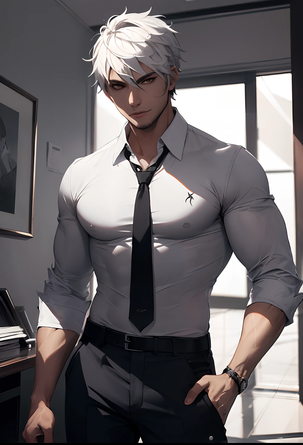 Um jovem homem, demon hunter, wearing a white shirt and black pants