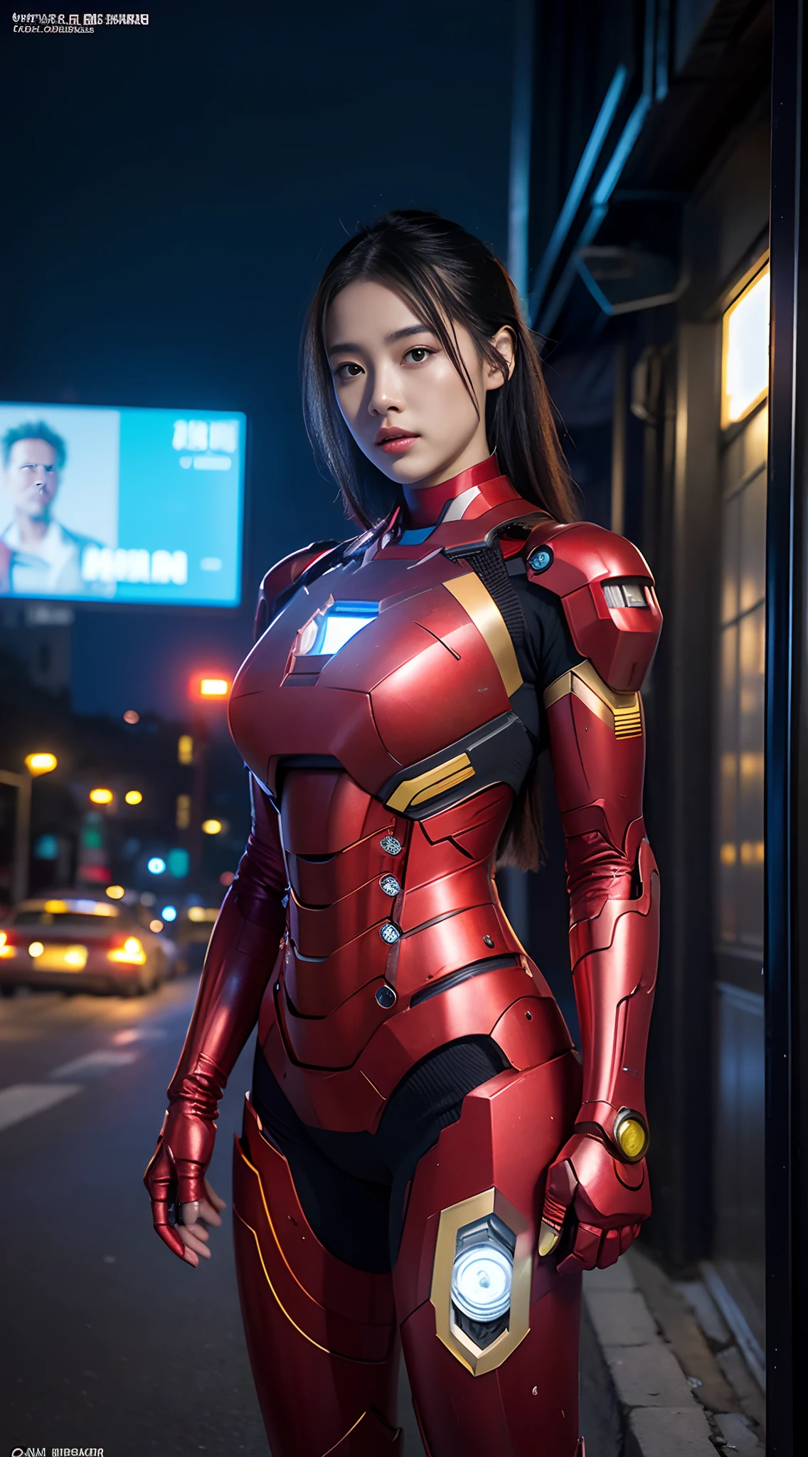 8K,realisticlying,Glamorous,The is very detailed,A 20-year-old girl,(((huge tit))), a sexy and charming woman,(((huge tit))), inspired by Iron Man,(((huge tit))),Wearing a shiny Iron Man mech。She dresses to show sexiness and confidence,It perfectly interprets the power and charm of Iron Man。Abandoned warehouse as background,It creates a unique atmosphere,Highlight her bravery and perseverance。Buildings、Small building on the street,Exudes cyberpunk charm,The glow of neon lights outlines the city,It brings out the great power and personality of Iron Man。This one is high definition、High-quality images will give you a stunning visual enjoyment,Will be sexy、Futuristic and sci-fi elements are a perfect combination。oc rendered,dramatic lights,Award-winning quality,(((huge tit))),