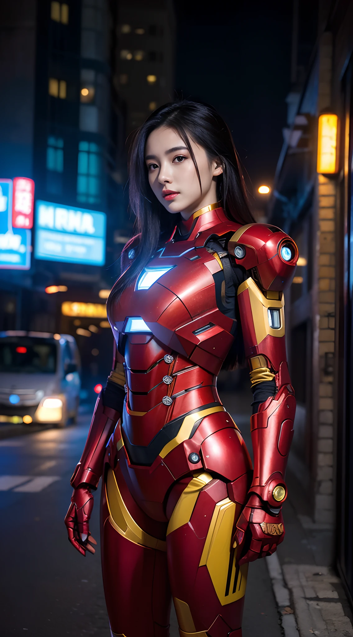 8K，realisticlying，Glamorous，The is very detailed，A 20-year-old girl,(((huge tit))), a sexy and charming woman,(((huge tit))), inspired by Iron Man，(((huge tit))),Wearing a shiny Iron Man mech。She dresses to show sexiness and confidence，It perfectly interprets the power and charm of Iron Man。Abandoned warehouse as background，It creates a unique atmosphere，Highlight her bravery and perseverance。Buildings、Small building on the street，Exudes cyberpunk charm，The glow of neon lights outlines the city，It brings out the great power and personality of Iron Man。This one is high definition、High-quality images will give you a stunning visual enjoyment，Will be sexy、Futuristic and sci-fi elements are a perfect combination。oc rendered，dramatic lights，Award-winning quality,(((huge tit))),