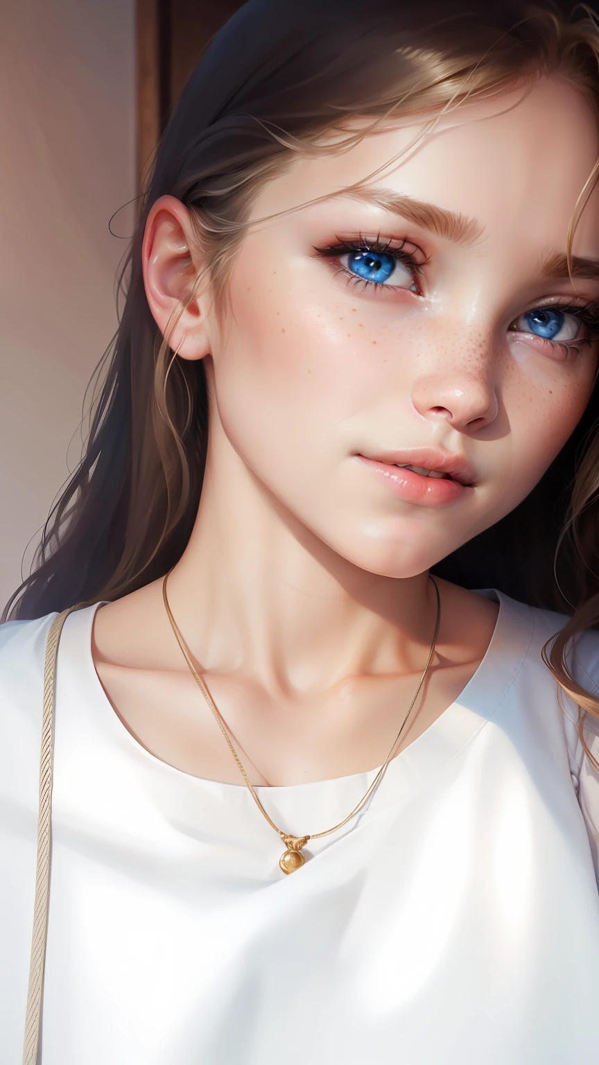 masterpiece, realistic, detailed eyes, beautiful, looking at the viewer, natural lighting, depth of field, film grain, wrinkled skin, 18yo, female, solo, wavy long blonde hair, blue eyes, white, formal shirt, freckles, smile, lips, upper body, Portrait, Close-up, Front view, Exterior