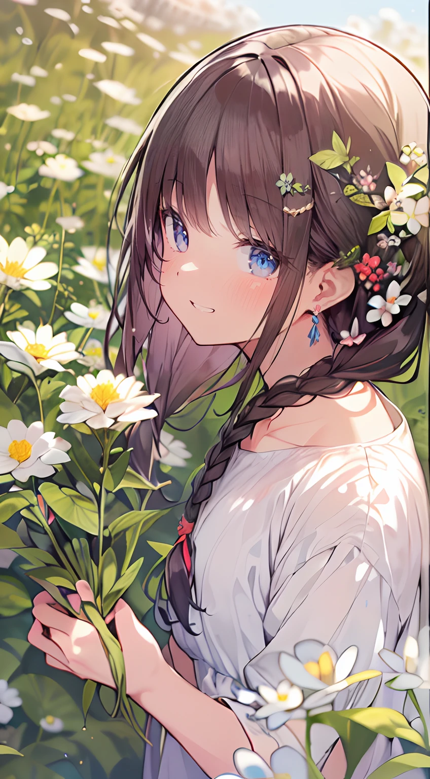 masutepiece, Best Quality,Illustration, Wallpaper, Ultra Detail, Absurd beauty、1 beautiful girl、 (Semi-long hair、short braided hair), Beautiful ultra-detailed eyes , Hair fluttering in the wind、Keep your head small、flower  field、great outdoors、Scenery of a flower garden circling around