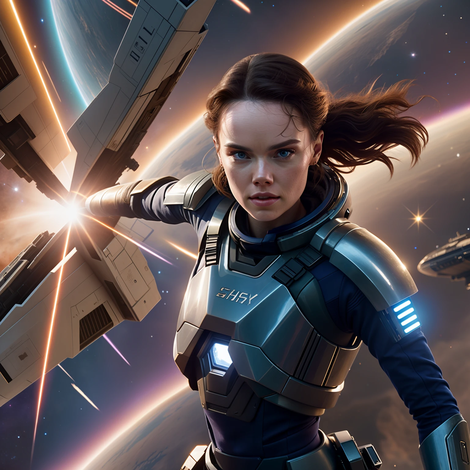 a close up action of epic Sci fi hot Daisy Ridley in a sci fi white tech suit clothes cabelos longos brancos,Detailed clothing details,Liquid effect, space, heavenly body,Interstellar battlefield 8k realistic